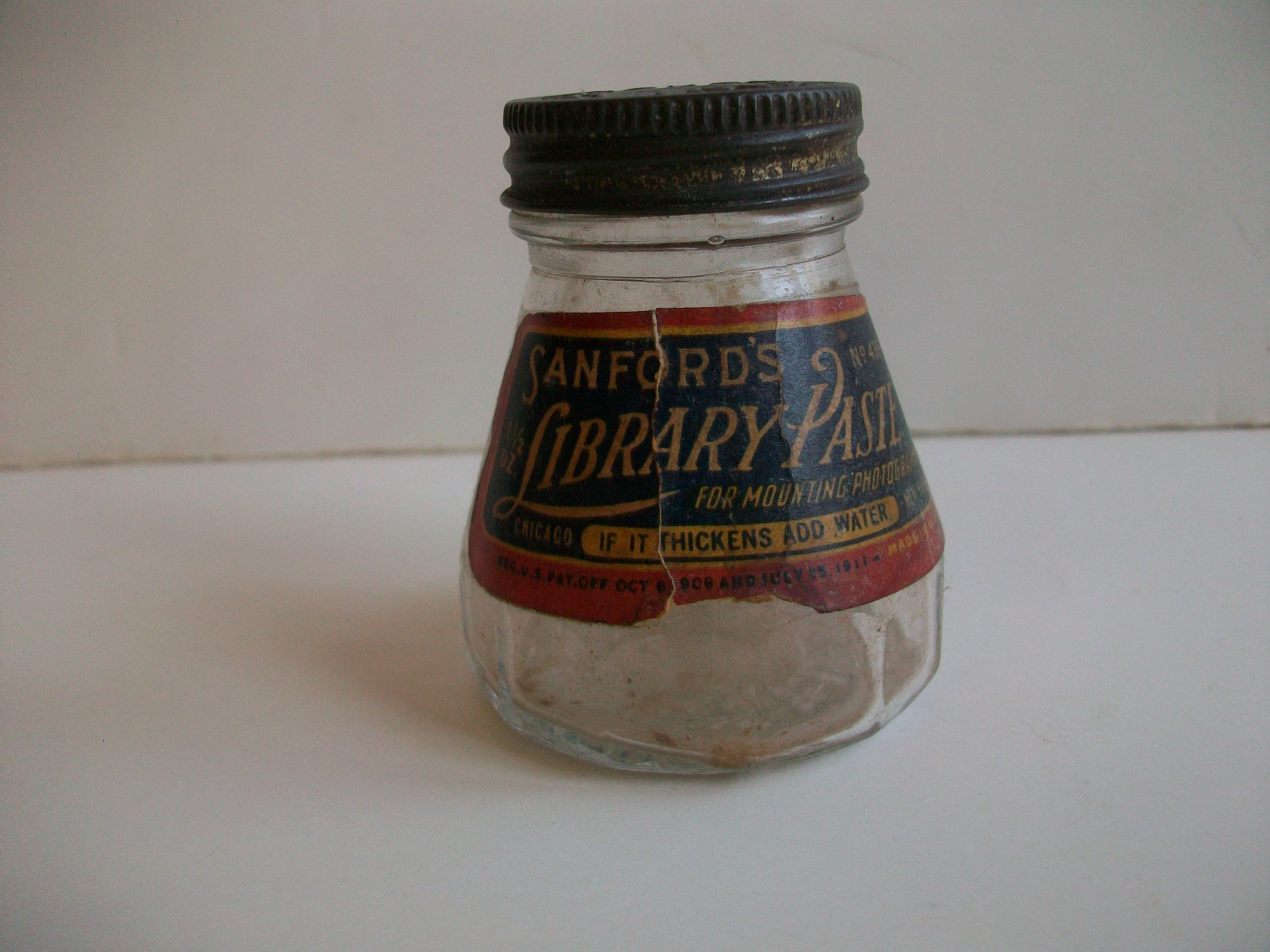 Vtg Sanford's Library Paste jar with paper label & metal embossed lid 1 1/2 oz