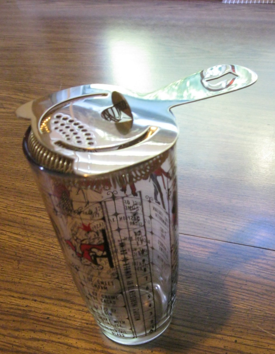 VINTAGE 1950's/ 60's GLASS COCKTAIL SHAKER WITH DRINK RECIPES AND STRAINER