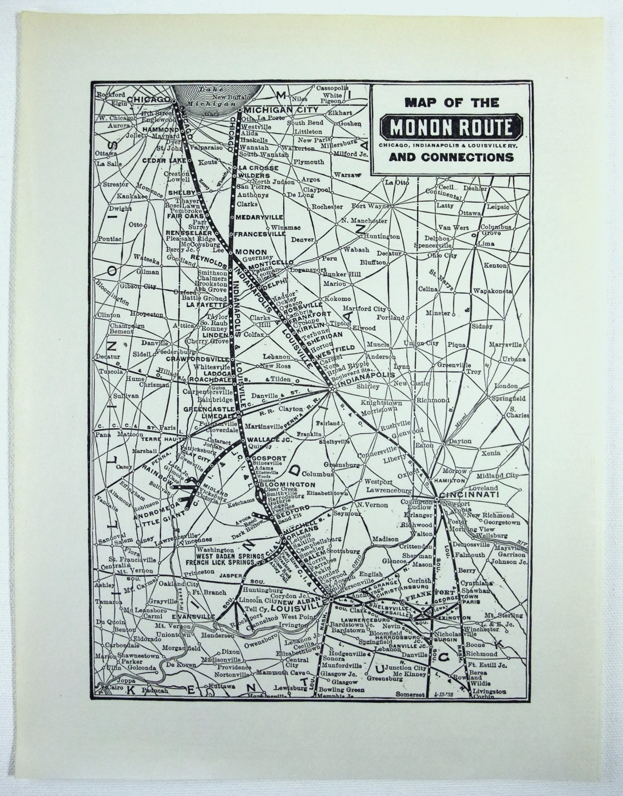 Monon Route - Original 1941 Railroad System Map.  Vintage Railway