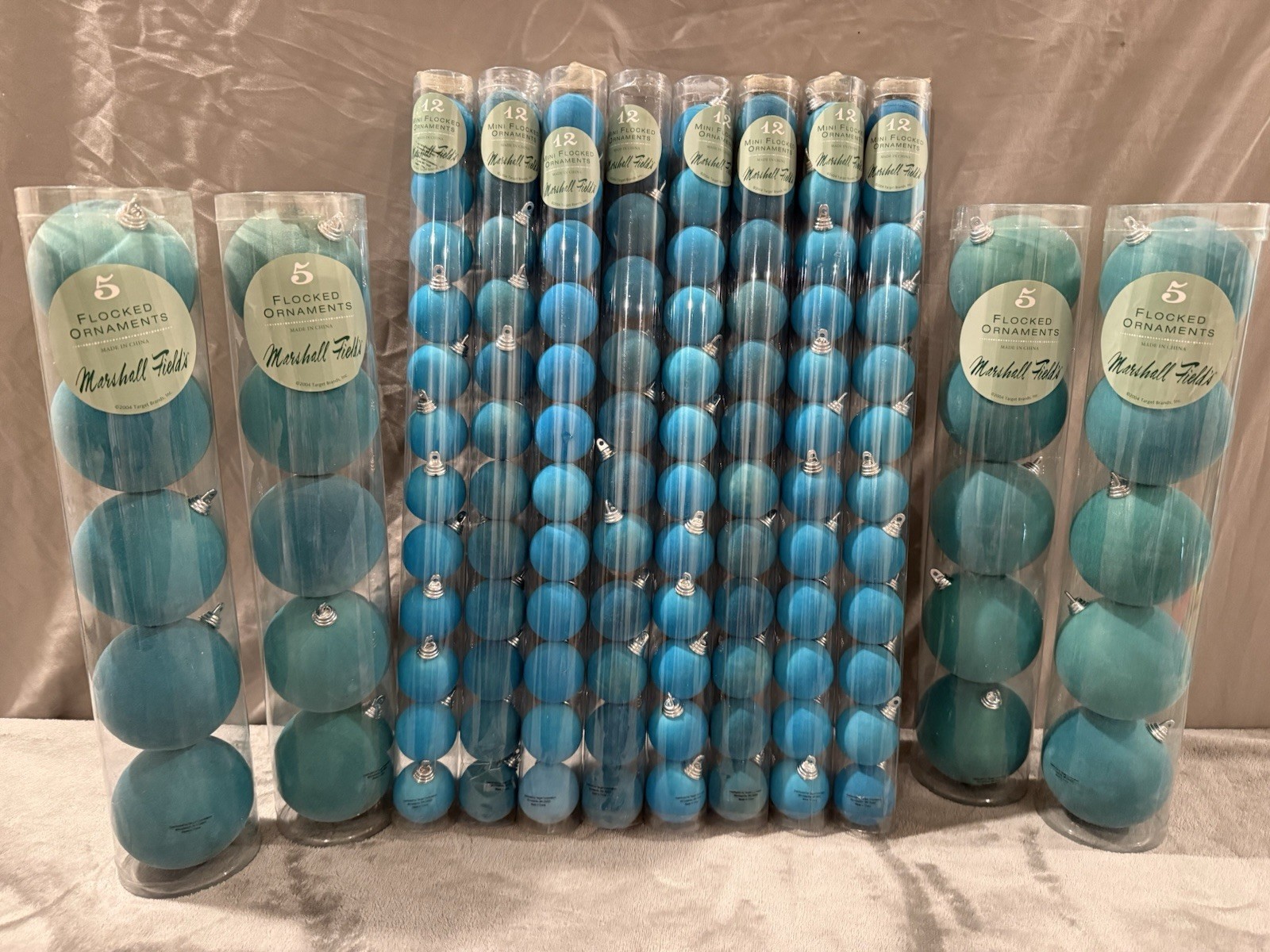 Vintage 2004 Marshall Field’s Flocked Christmas Ornaments Teal Blue Lot 116
