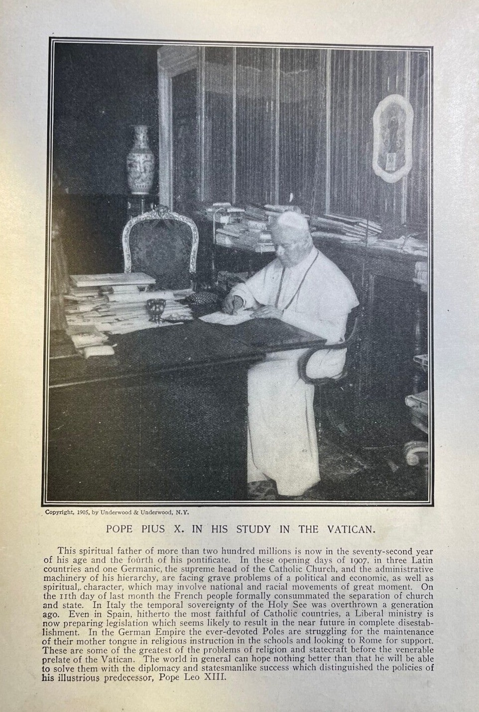 1907 Vintage Magazine Illustration Pope Pius X in his Vatican Study