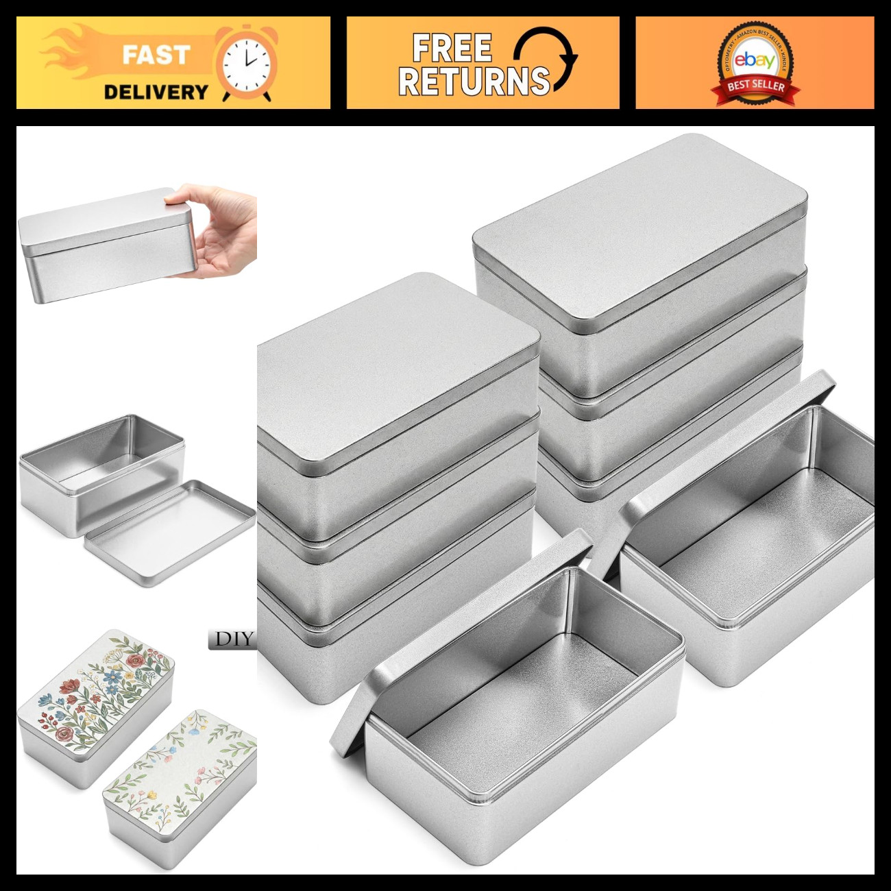 8 Pack Silver Rectangular Metal Tin Boxes with Lids - 7x3.9x2.4