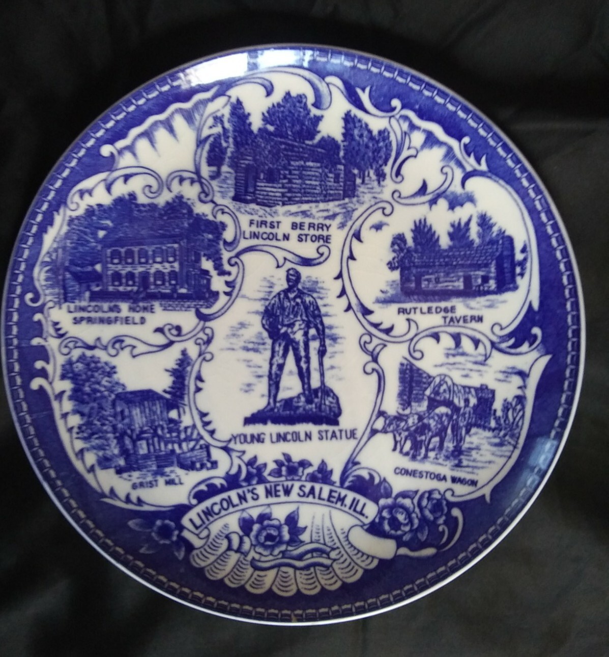 Vtg 1960\'s  New Salem Illinois Abraham Lincoln landmarks Flow Blue Plate Japan