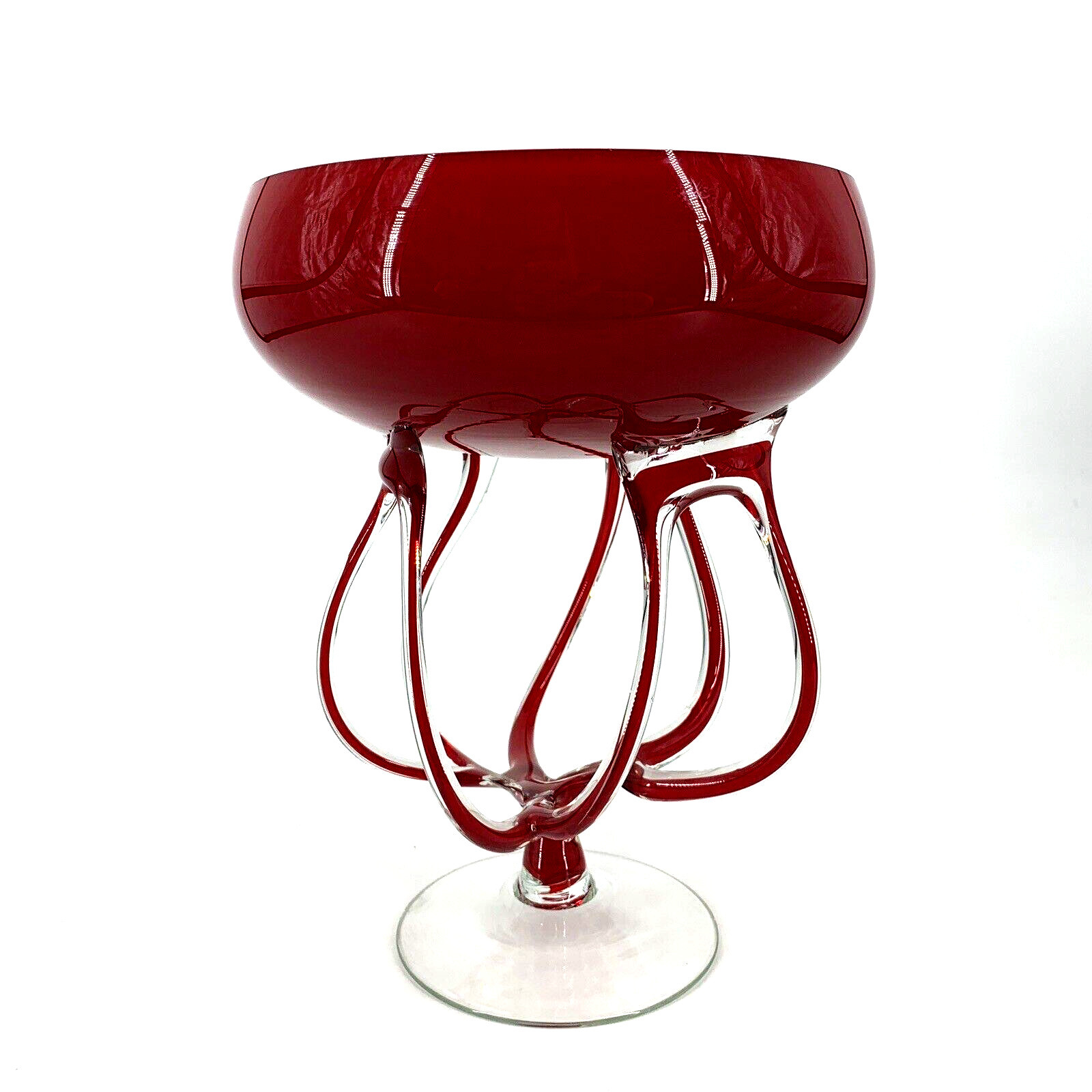 VTG Krosno Handblown Glass Art Red Jellyfish Octopus Pedestal Bowl Vase 10.5\