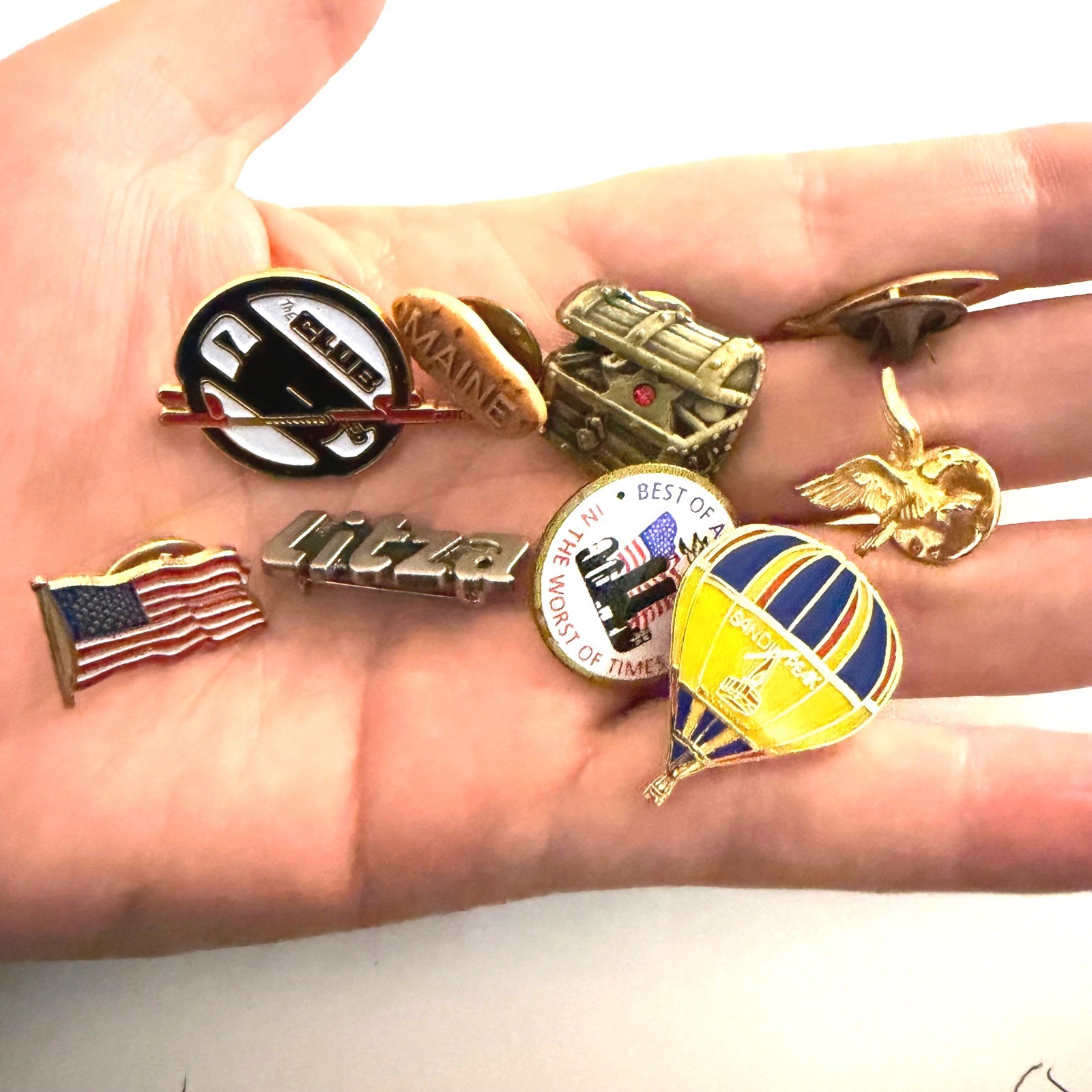 Vintage Lapel Pin Lot 9 Treasure Chest Eagle 911 Memorial Hot Air Balloon Maine