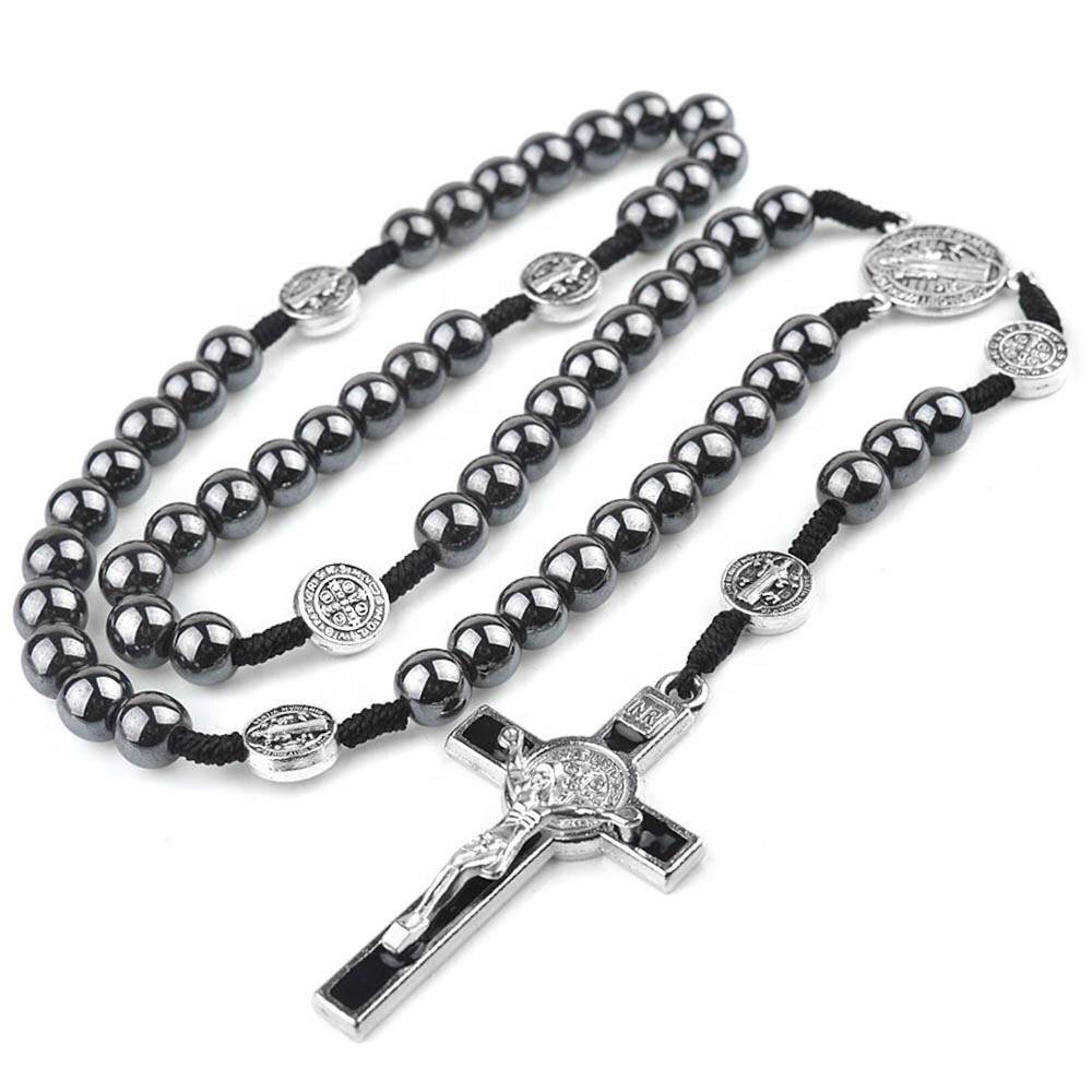 Saint St Benedict Medal Hematite Rosary – 15
