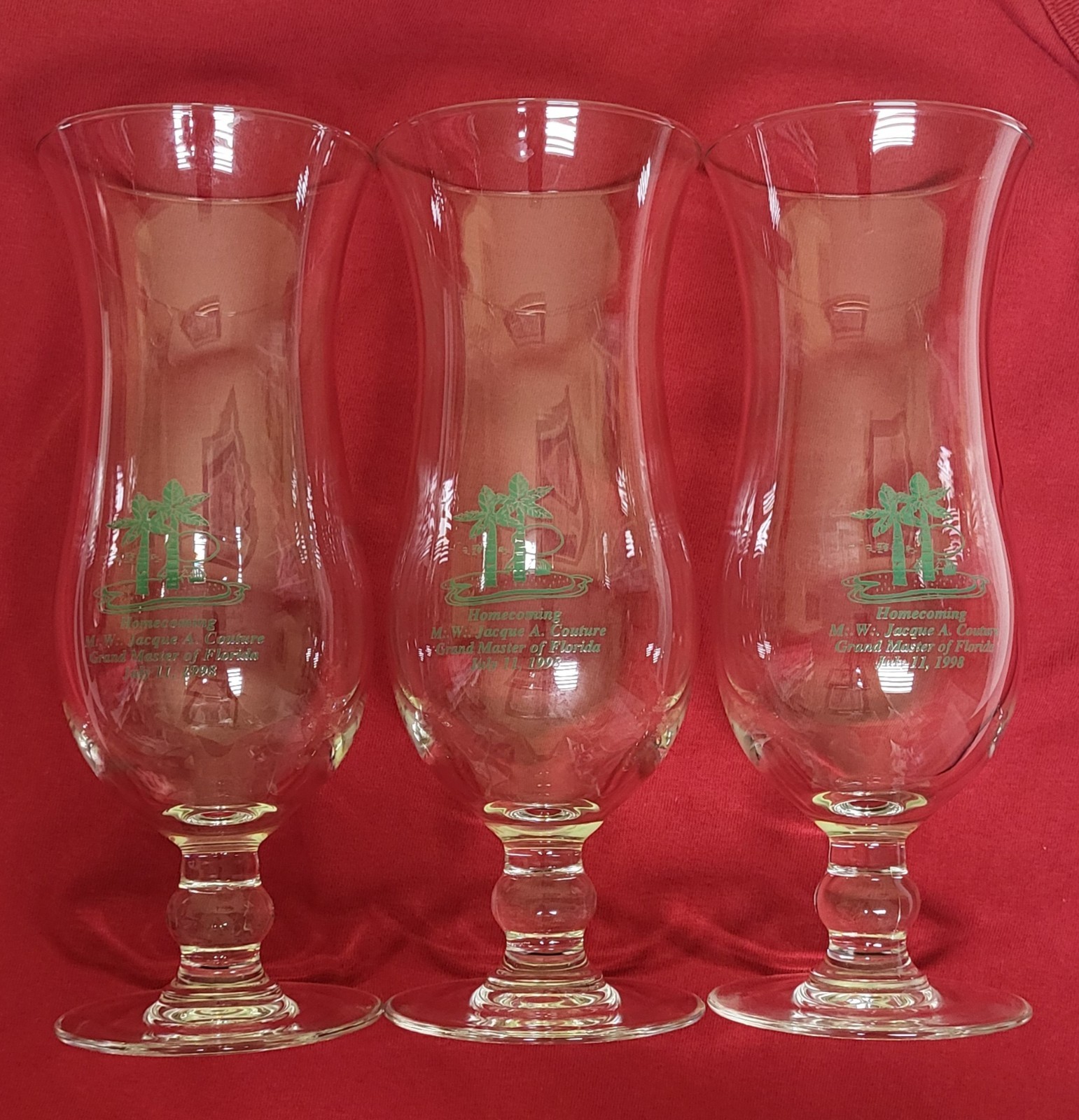 1998 Grand Master of Florida Masonic Hurricane Cocktail Glass Set Of 3