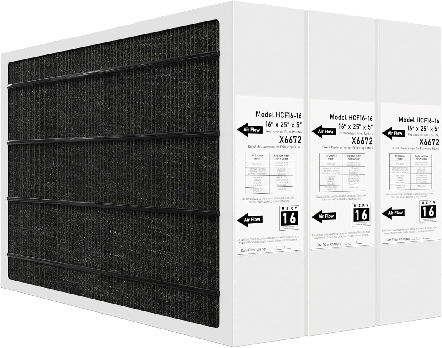 X6672 MERV 16 Filter 16x25x5 Compatible w/ Lennox X6672 Merv 16 Home Furnace 3pk