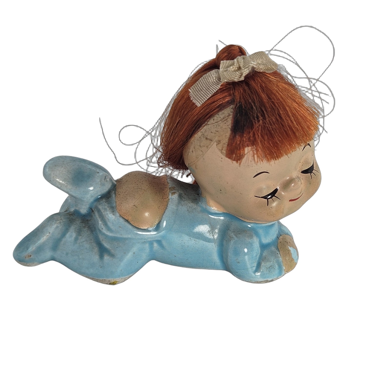 Vintage Ceramic Crawling Baby Figurine Red Hair Blue Sleeper Planter Hugger
