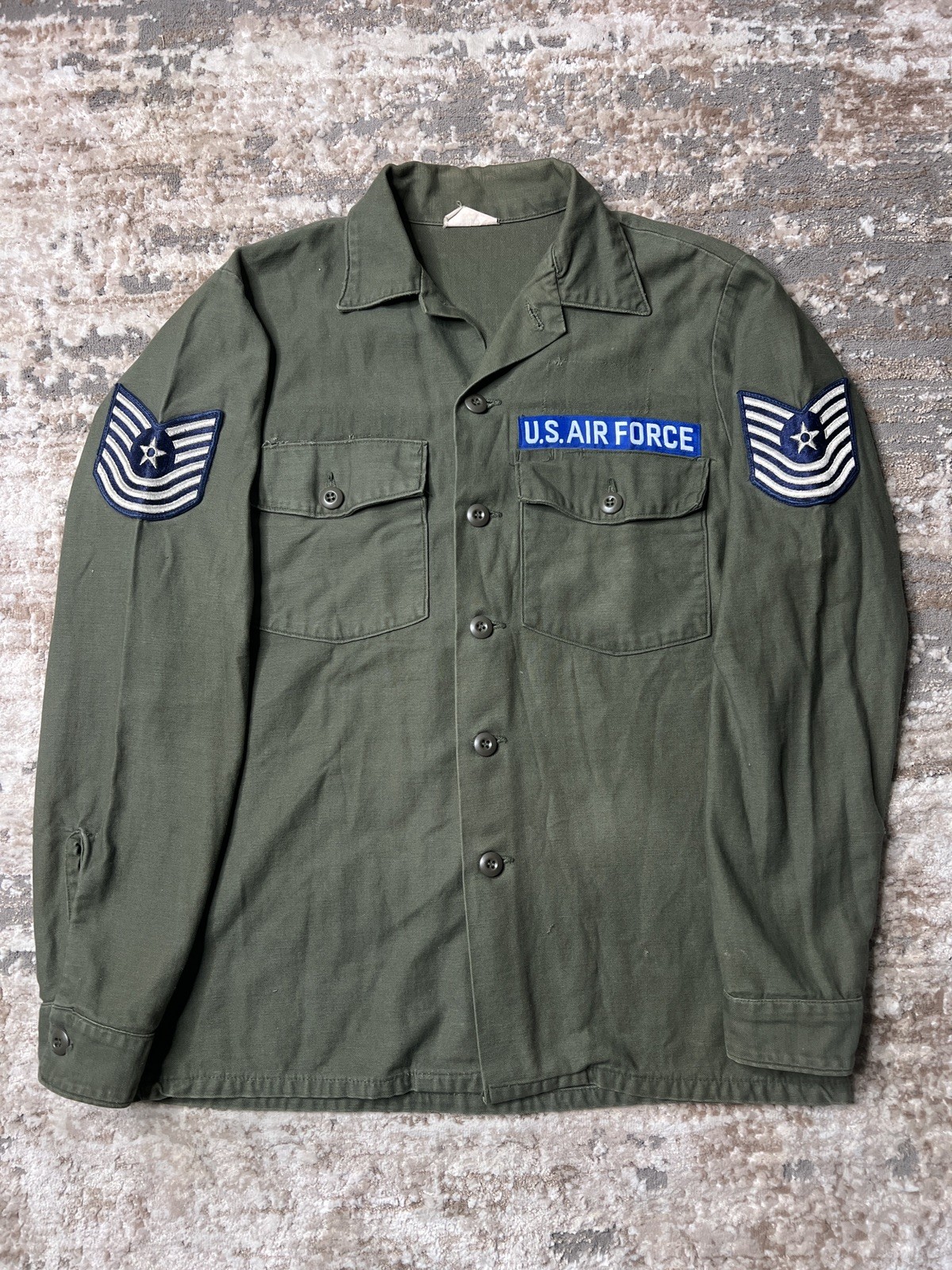 Vintage 1975 USAF OG-107 Utility Shirt Master Sergeant E-7 Cotton Sateen 15.5x35