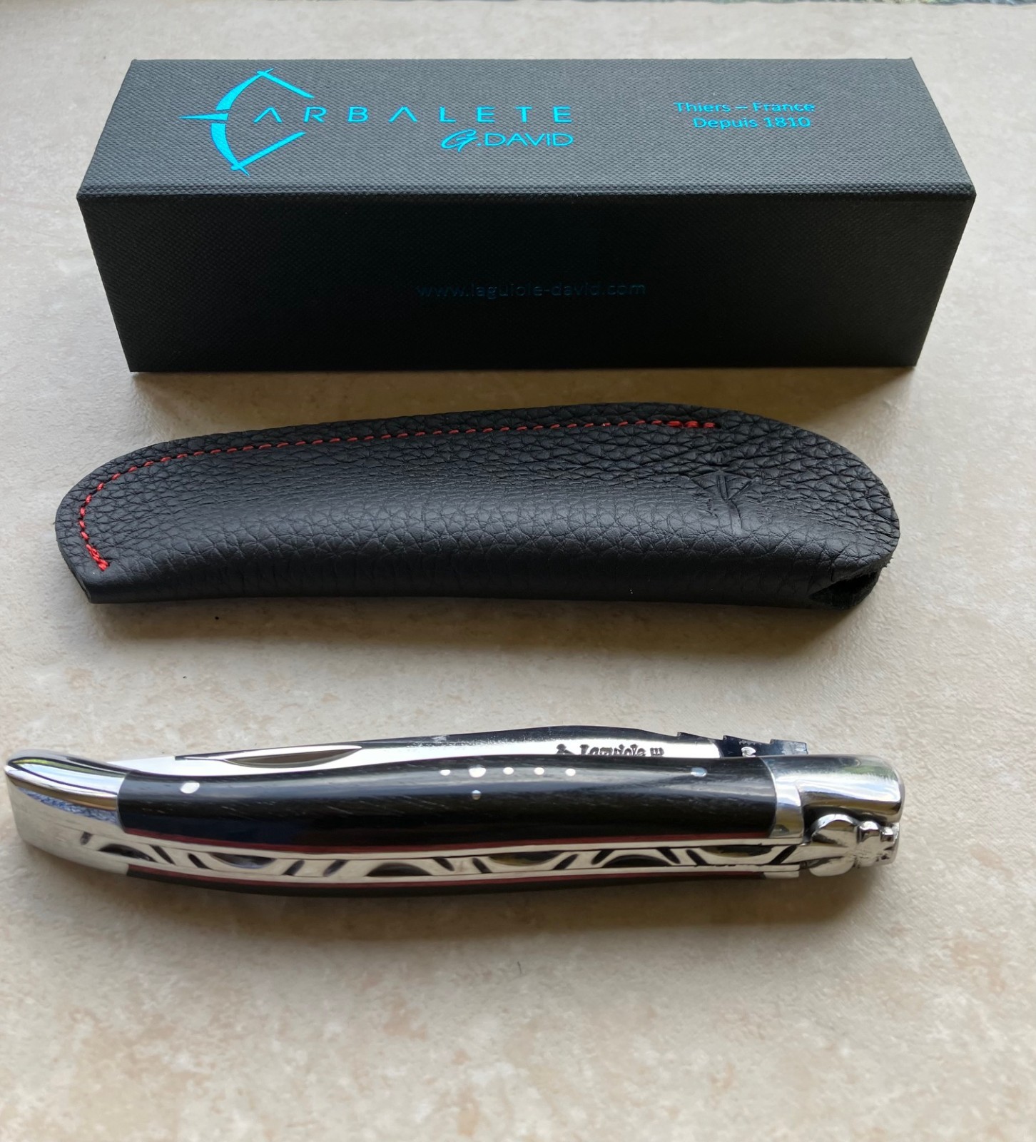 Arbalete Genes David, Stainless Steel, 4.8in, Folding Knife, Forged Ebony & Etui