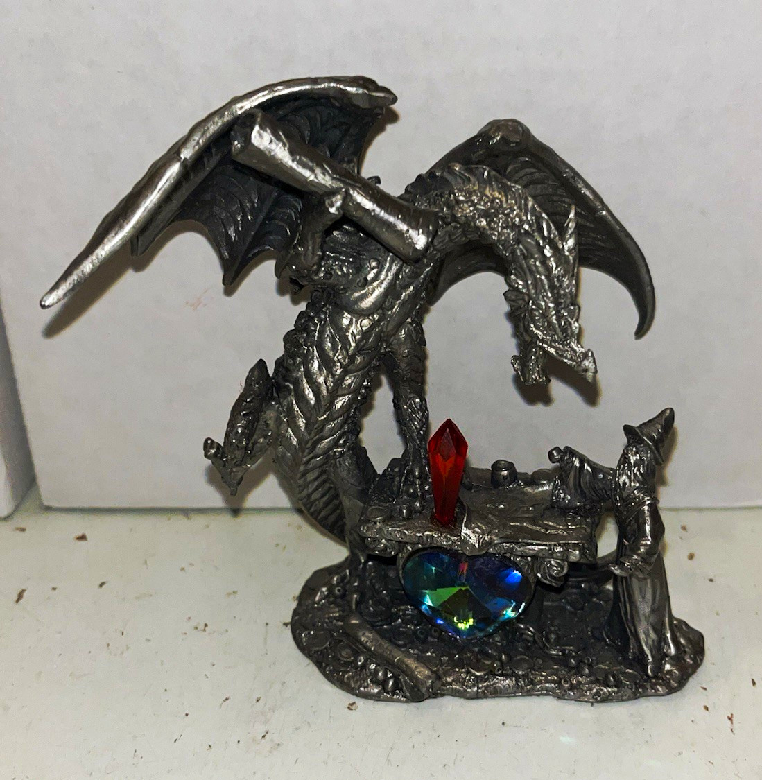 Pewter Dragon Figurine Statue w/ Crystal Gem Accents Fantasy Collectible