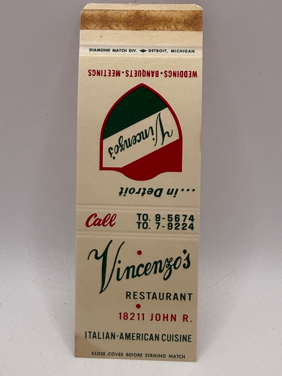 Vintage Vincenzo's Restaurant Detroit Matchbook Cover Italian-American Cuisine