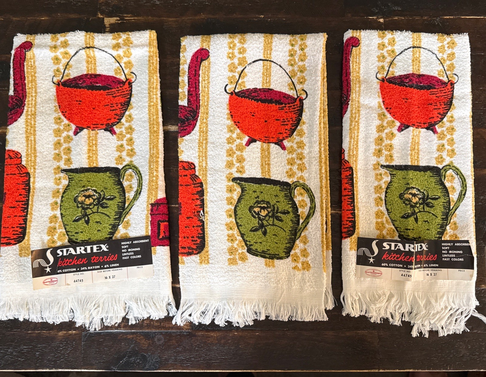 VINTAGE SET 3 NOS STARTEX KITCHEN HAND TOWEL FRINGE MCM 16”x27”