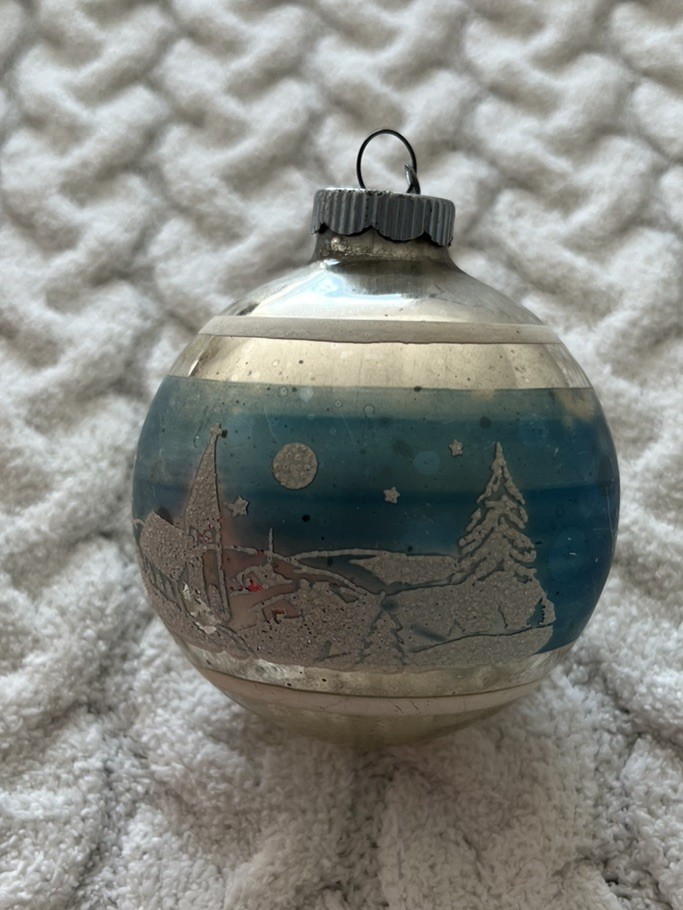 VTG Shiny Brite Stenciled Village Church Scene Glass Ball Christmas Ornament 3\'\'