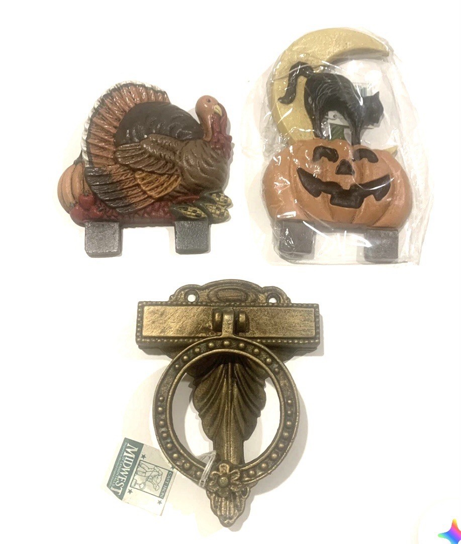 Door Knocker & 2 Cast Iron Toppers New In Box Vintage Midwest of Cannon Falls