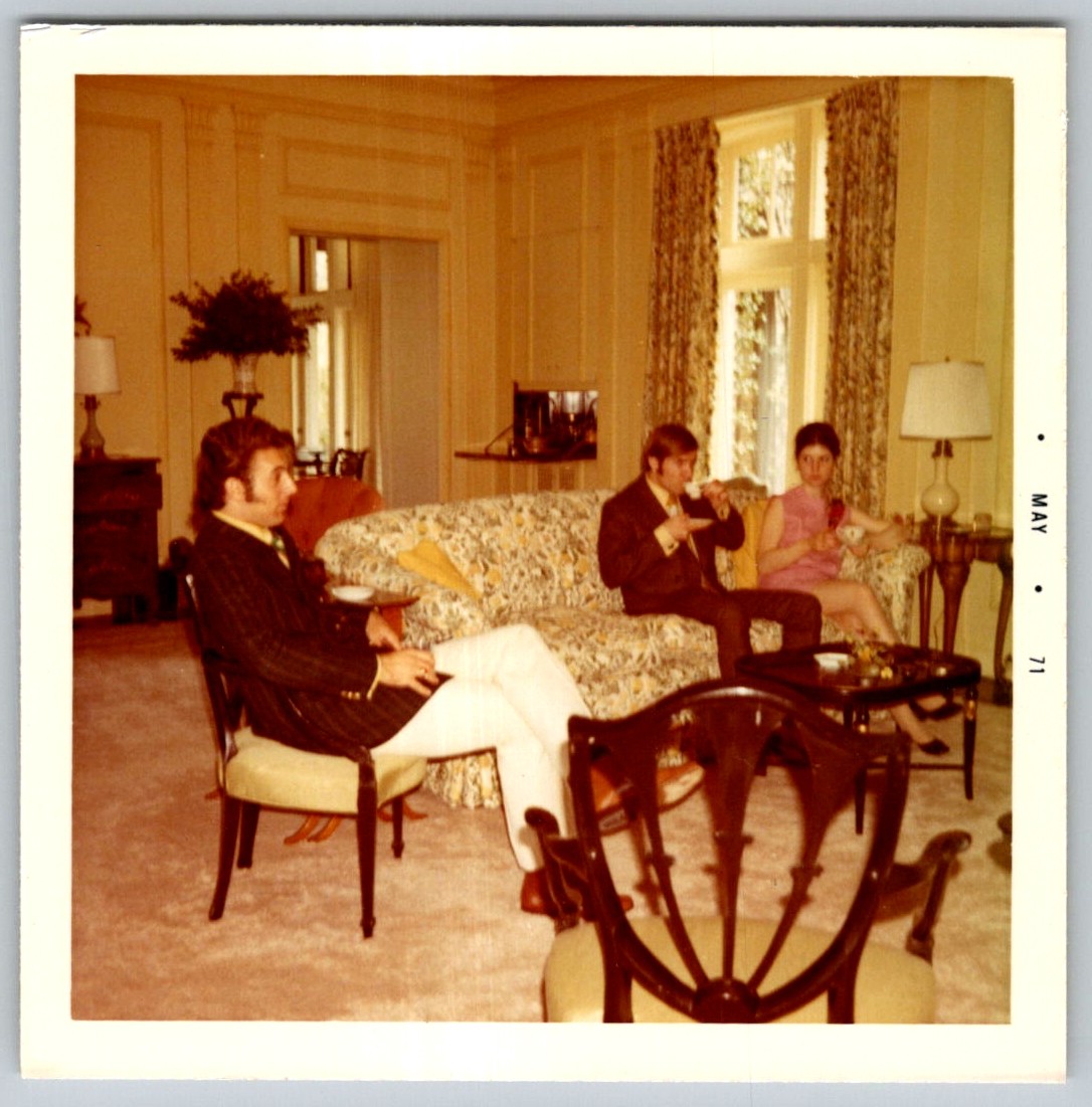 Vtg Color Snapshot Well Dressed People Elegant Parlor Floral Sofa Tea Coffee