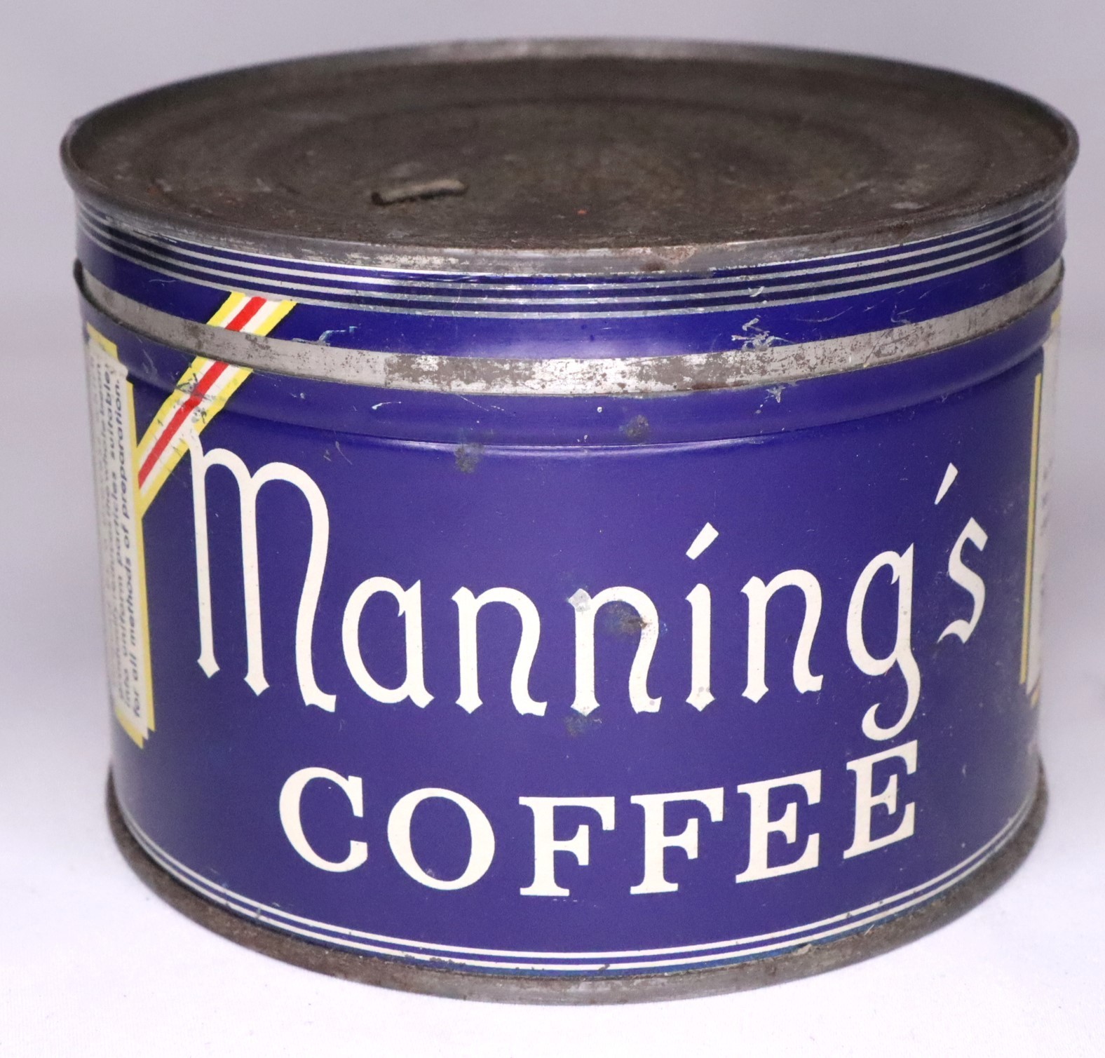 Vintage Manning's Coffee Tin Can W/ Lid. 1lb San Francisco (c) 1938