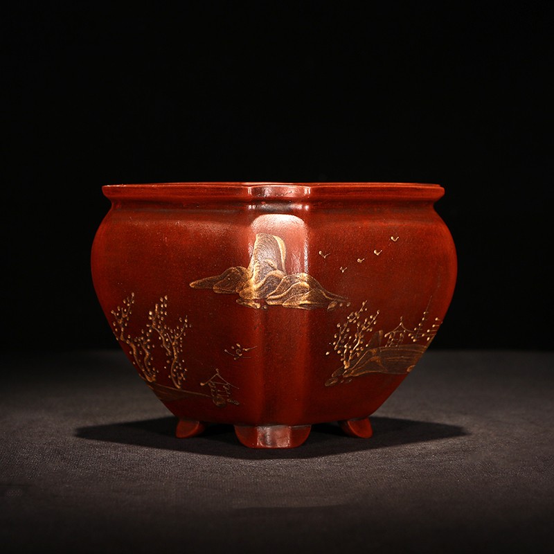 4.3in Antique Chinese Landscape Yixing Zisha Clay Planter Handmade Orchid Bonsai