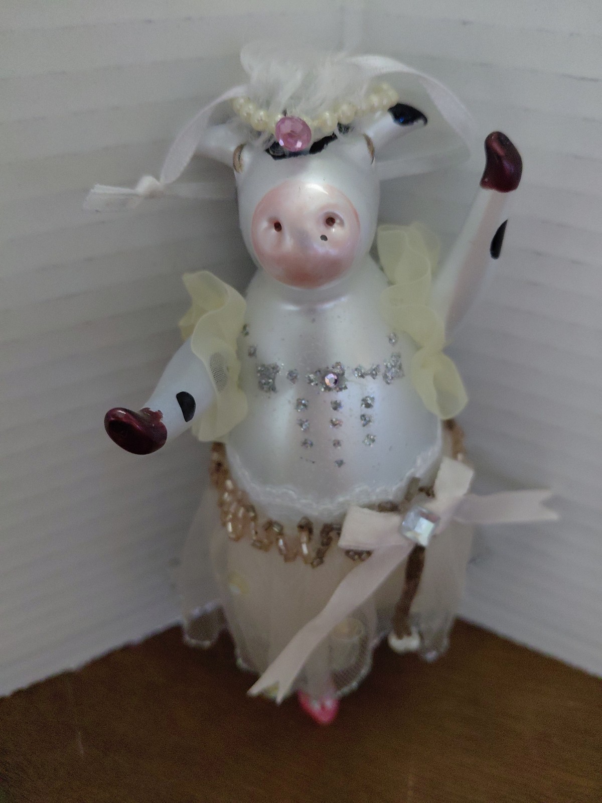 Vintage LAVED  Blown Italian Glass Ornament Cow Ballerina 6.25” Glitter Bling