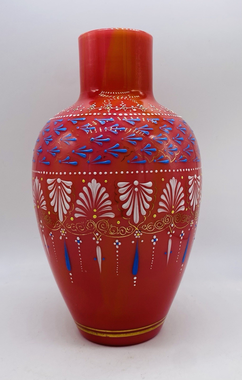 ca.1880’s Bohemian HARRACH Pink Cased Glass Vase Morrocan Style Enamel