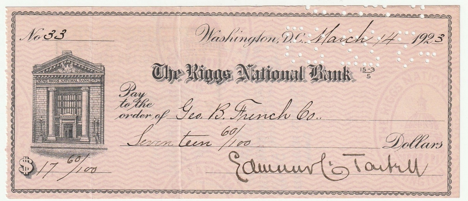 RARE Signed Bank Check - Edmund C Tarbell  American Impressionist Painter 1923