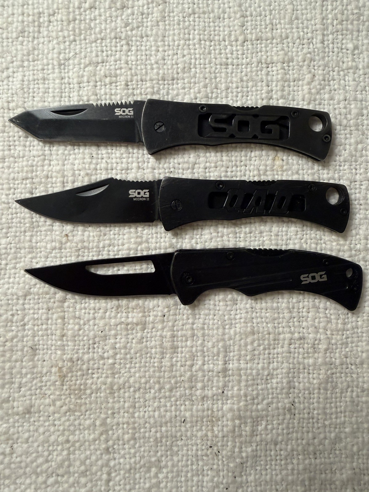 SOG Folding Knife Lot of 3 Micron II Centi II QAD Promo Black Lockback Used S17