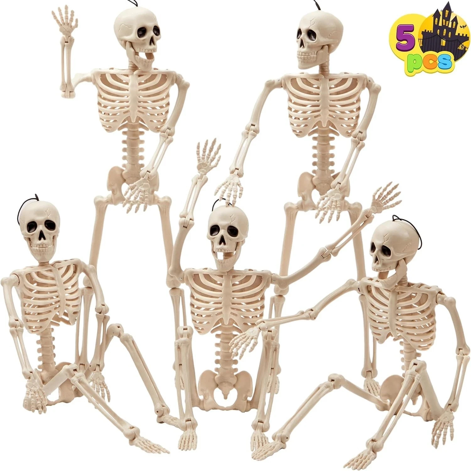 5 PCS Posable Halloween Skeleton Decor 16 Inches, Full Body Posable Joints Hangi