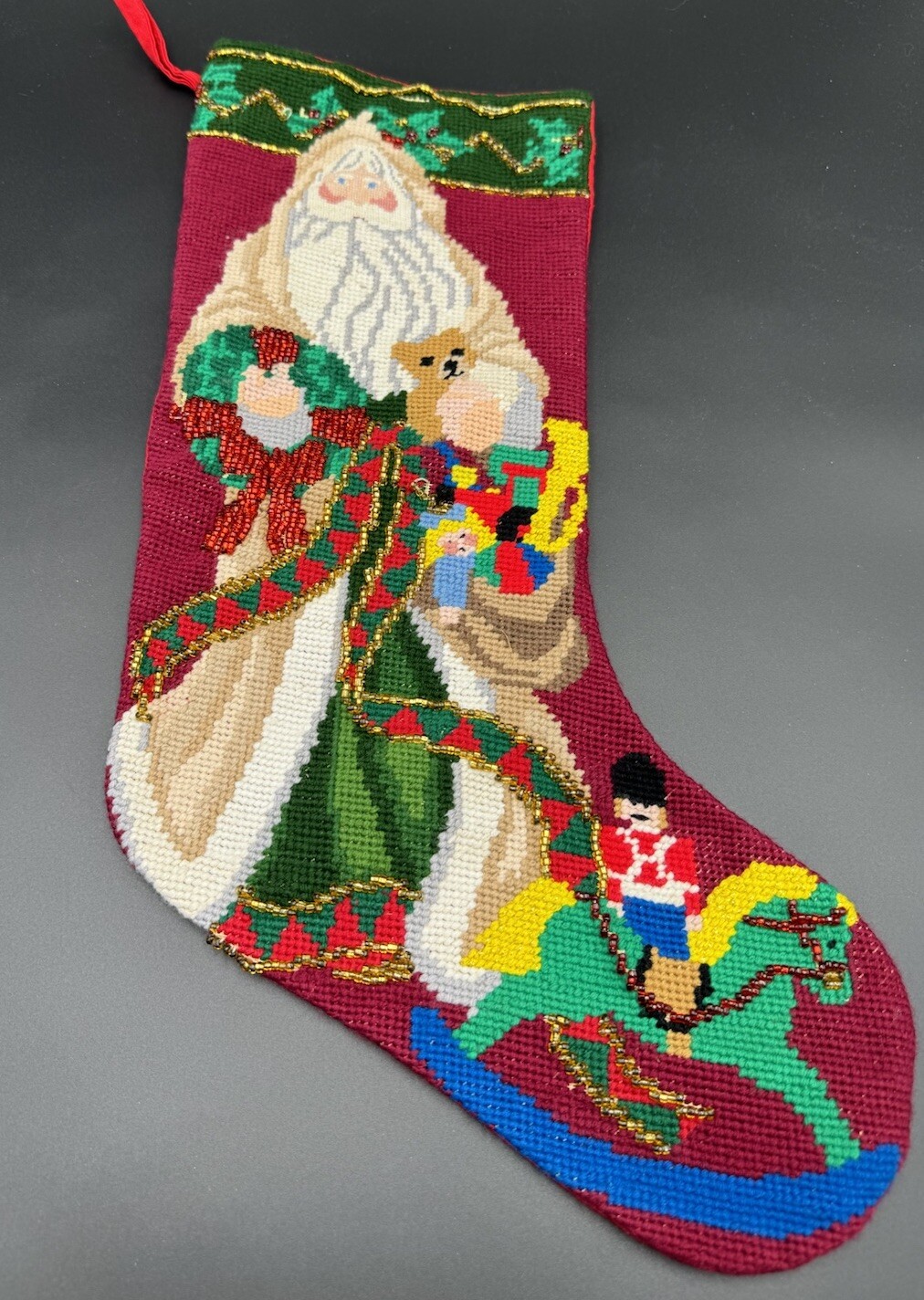 Wool Needlepoint Christmas Stocking Santa Bear  Nutcracker Imperial Elegance
