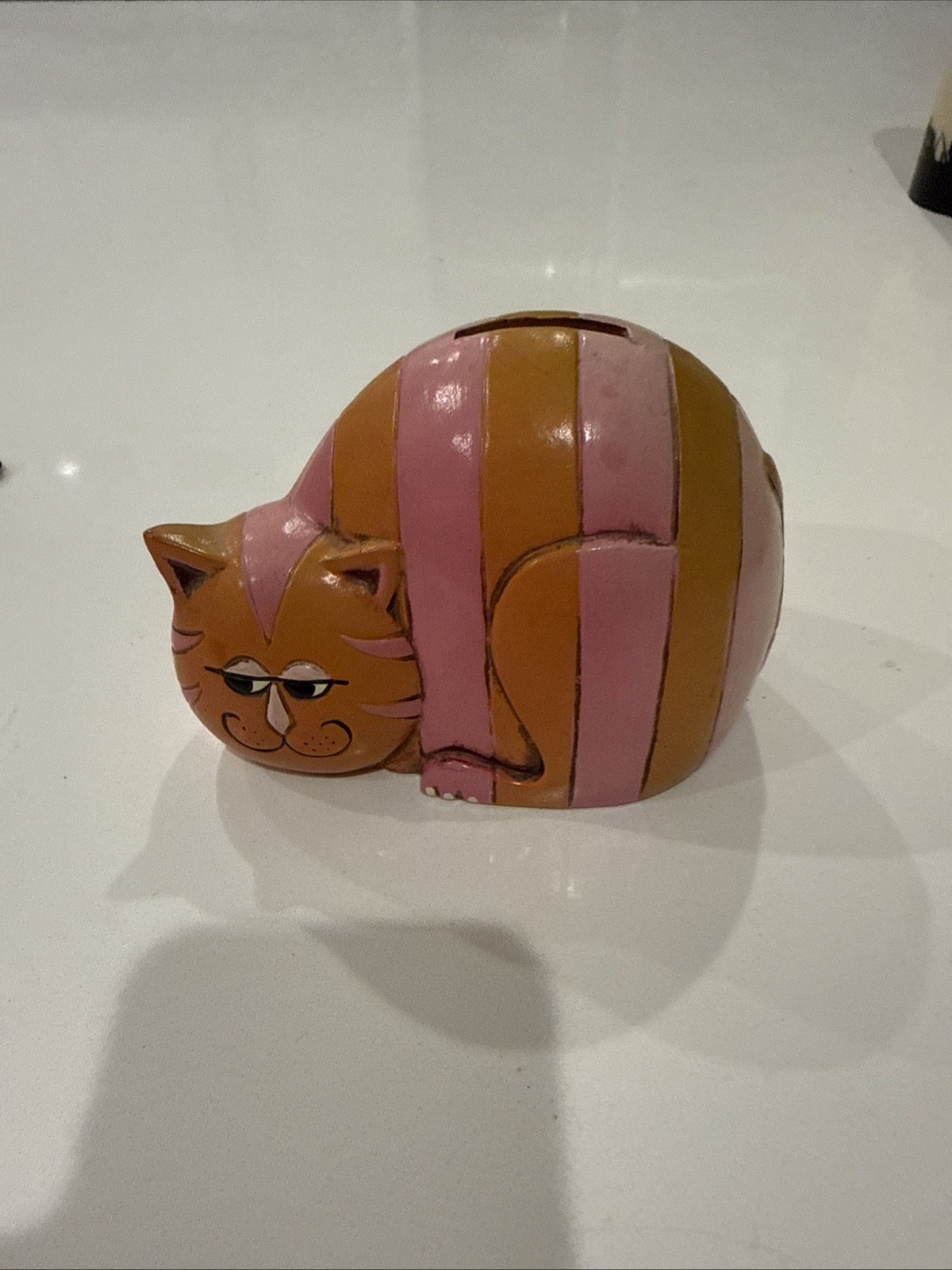 VTG Pride Creations Pink Orange  Striped Cheshire Cat Bank Papier Mache Japan