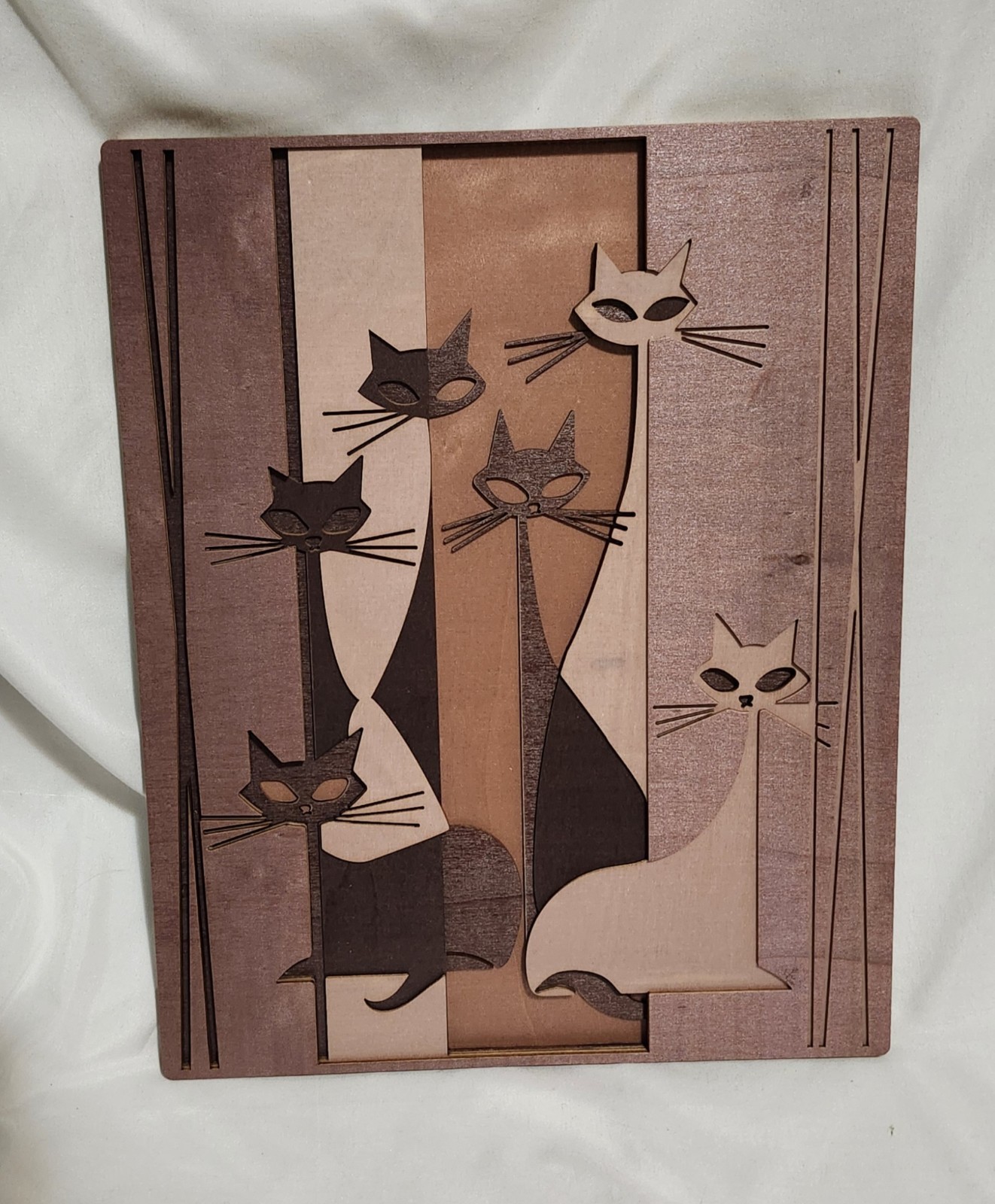 Layered Wood Atomic Cat MCM Mid Century Modern Wall Art Home Decor 13 x 10 1/2
