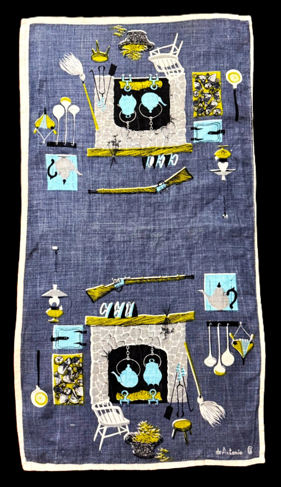 Vtg. 50s Linen Tea Towel CABIN COTTAGE COLONIAL FRONTIER de Antonio Lois Long