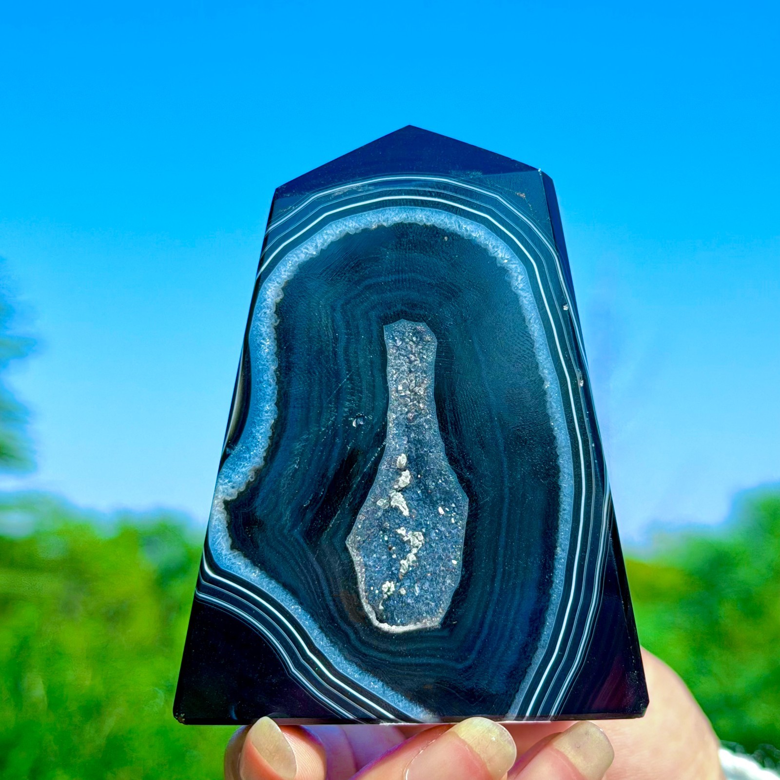 151G Natural black agate crystal cave obelisk crystal energy column healing gift
