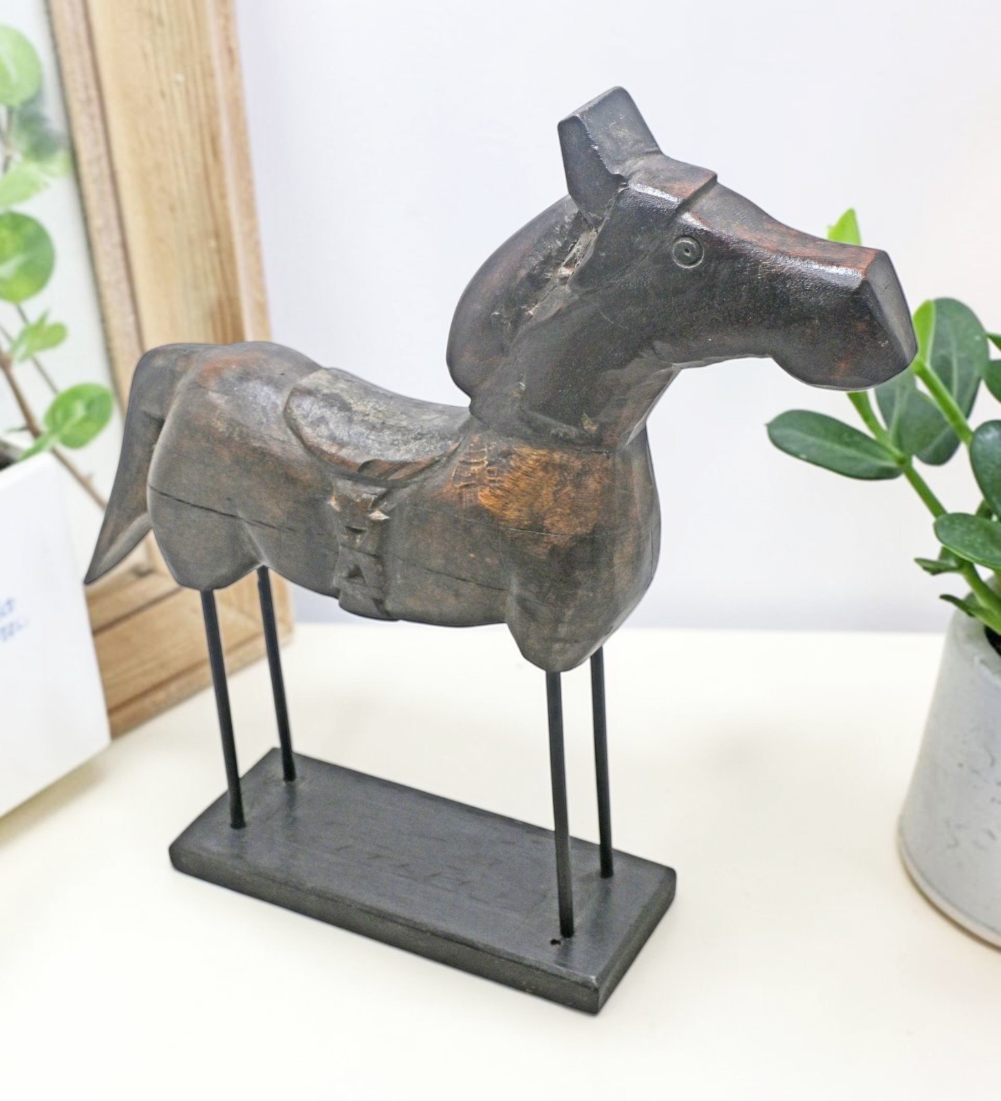 Vintage Wooden Horse Figurine on Stand Original Old Fine Hand Carved