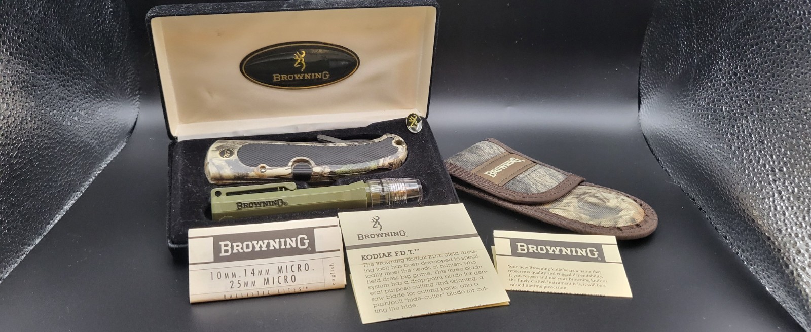 Vintage Browning Kodiak FDT 640 Camo Knife Flashlight Combo Set Mint MIB Seki Ja