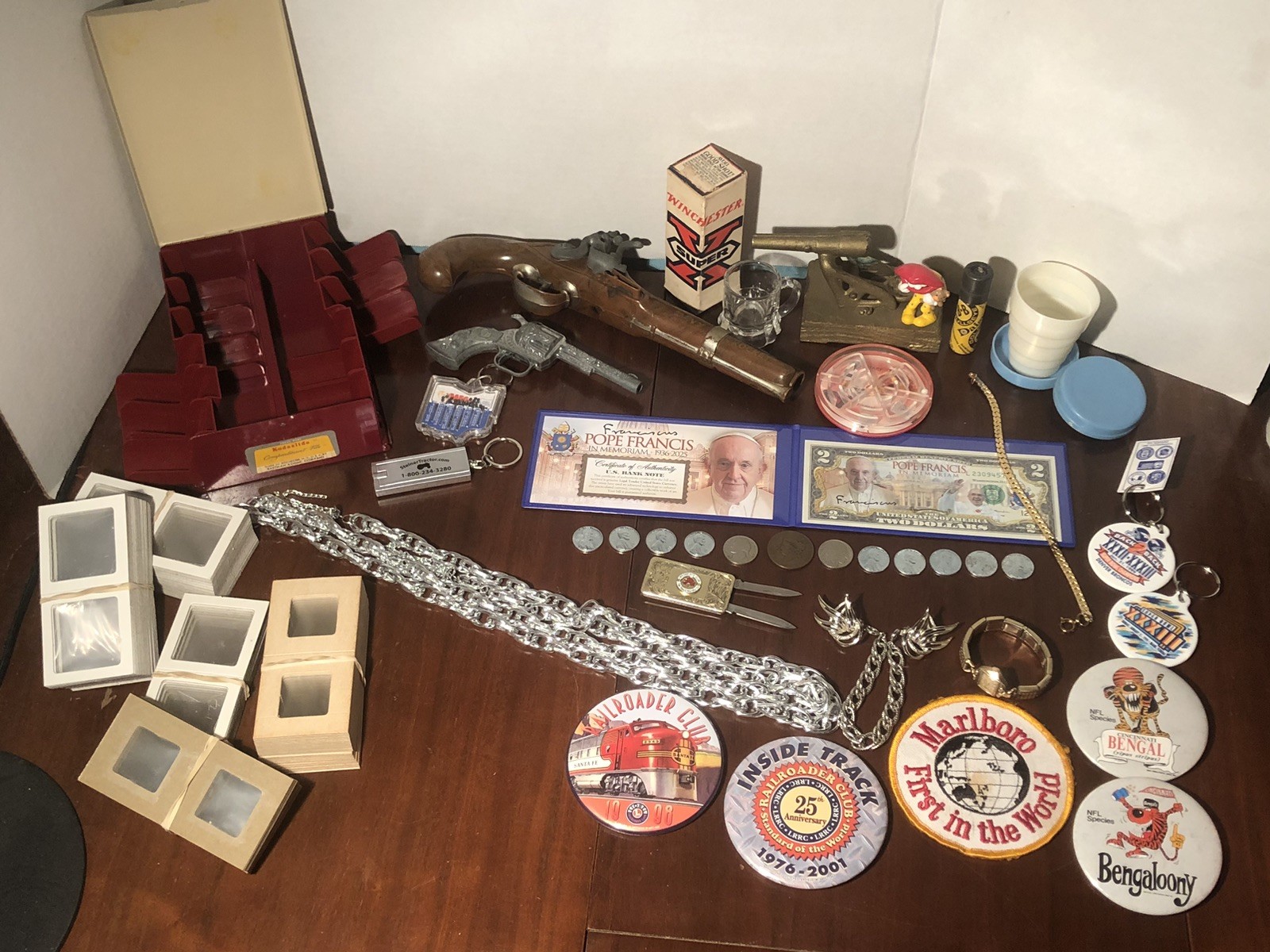 Junk Drawer Lot Vintage Hubley Daisy Color $2 Bill Coins Knife Calvert Swiss 10k