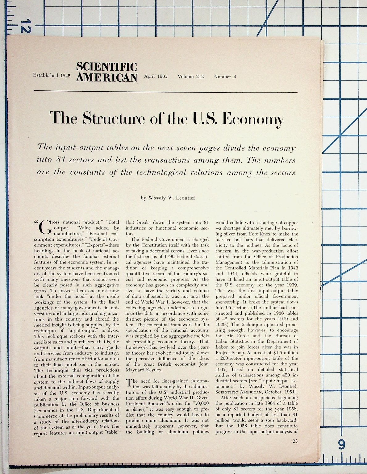 1965 Scientific American Leontief US Economy Input-Output Tables Vintage