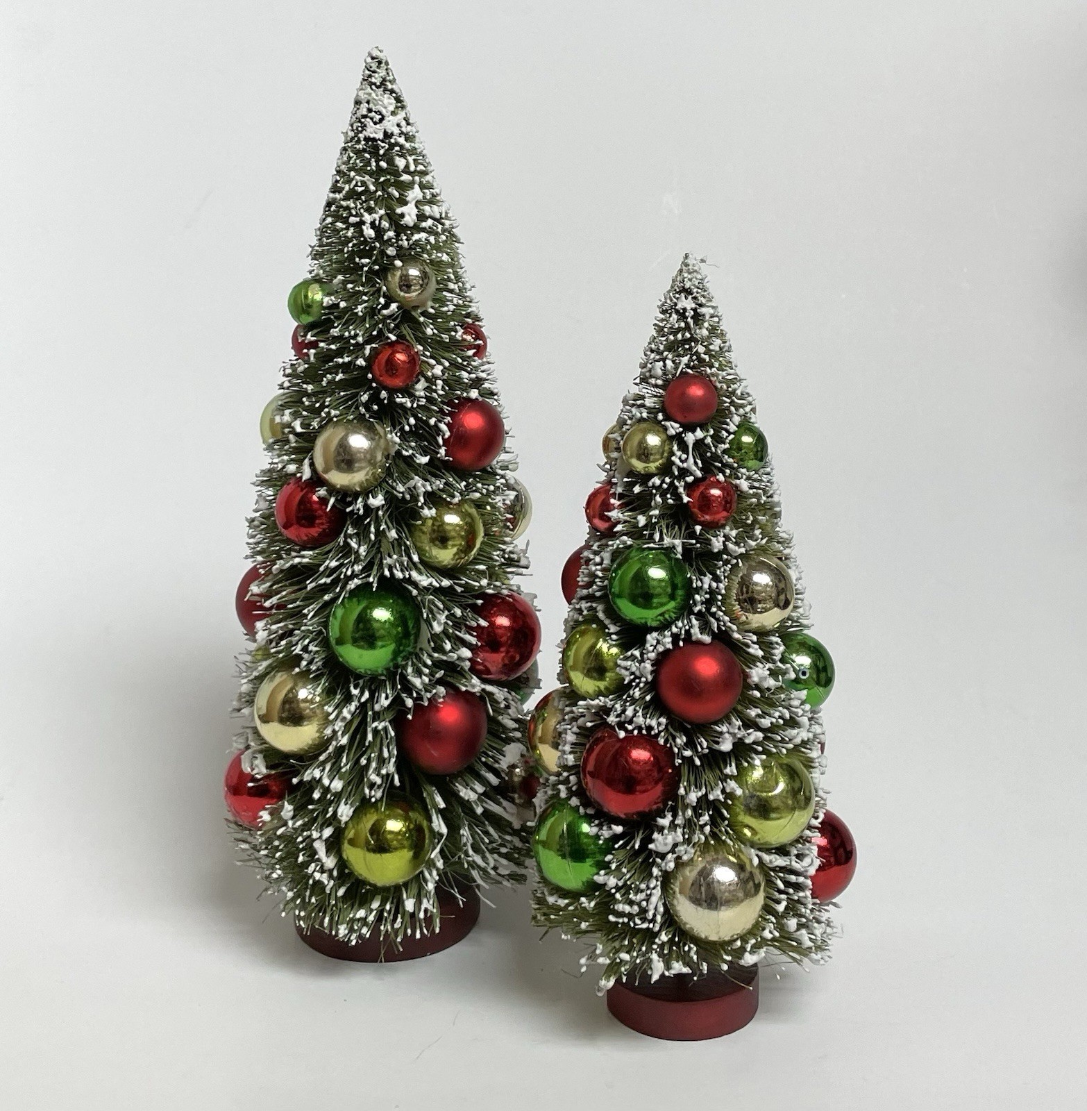 2 ct Decorated Flocked Bottle Brush Christmas Trees Holiday Decor 12” 9.5” VTG