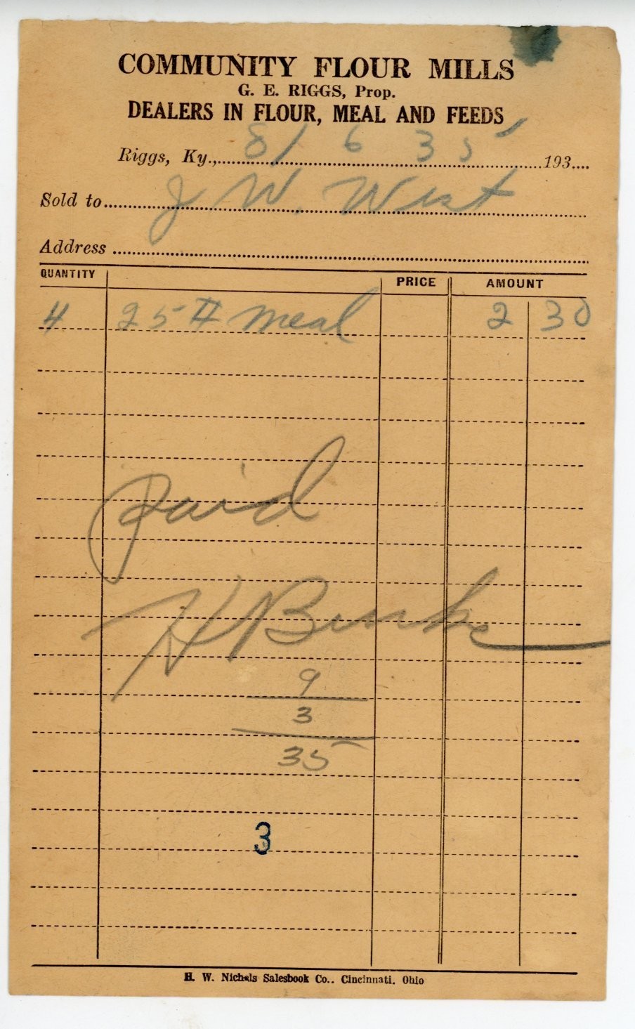 1930s Community Flour Mills Receipt Riggs KY G.E. Riggs Feed Meal Invoice