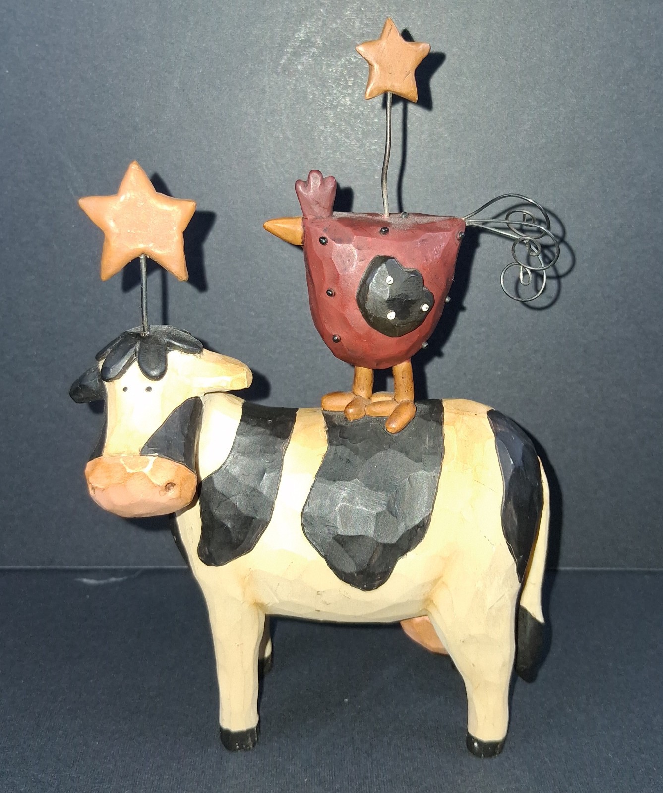 Blossom Bucket B. Lloyd Carved Resin Primitive Rustic Cow Chicken Stars Figurine