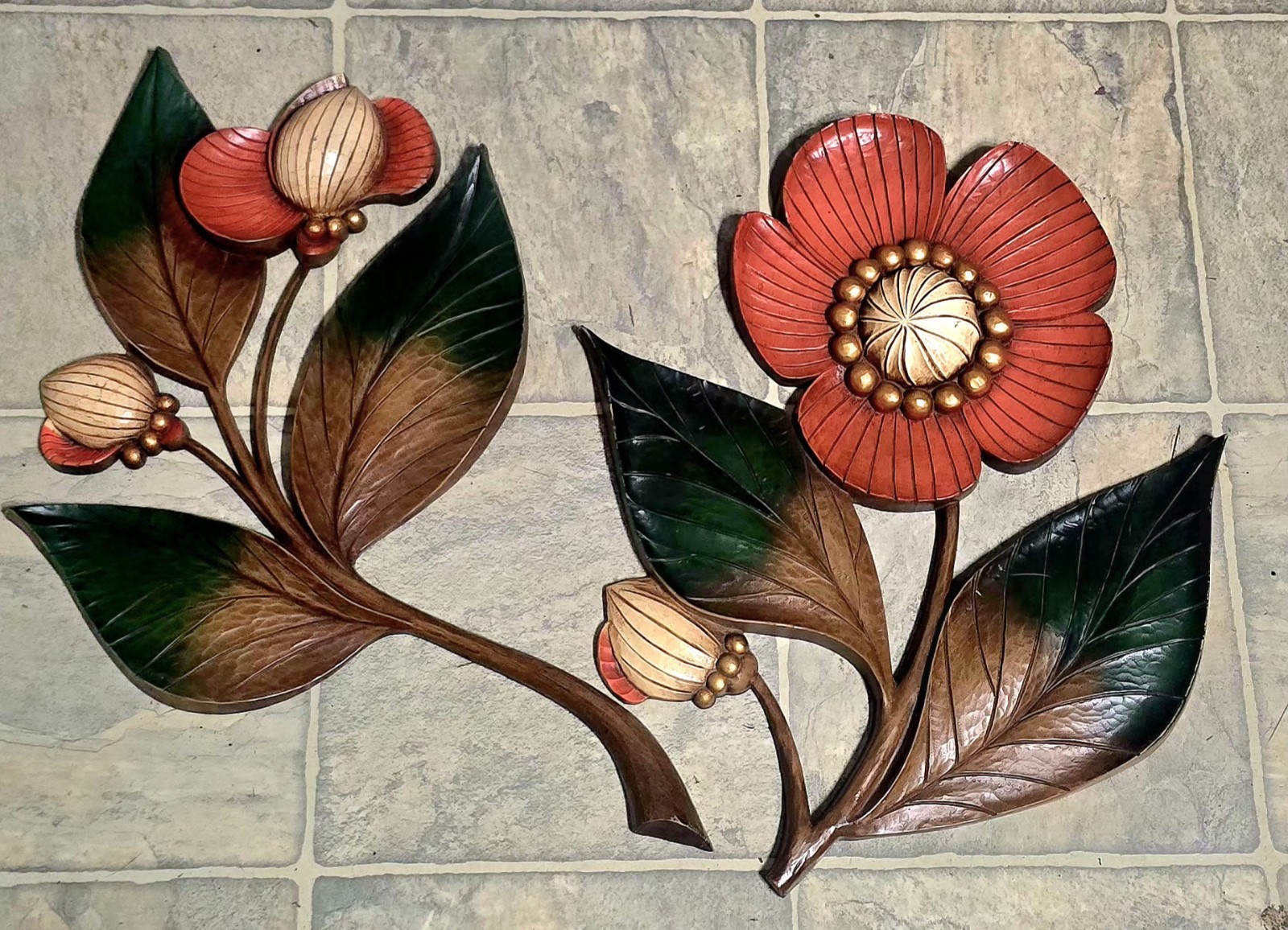 Pair of Vtg Syroco Large Poppy Flower Wall Decor 4979 MCM 1964 USA Rare Color