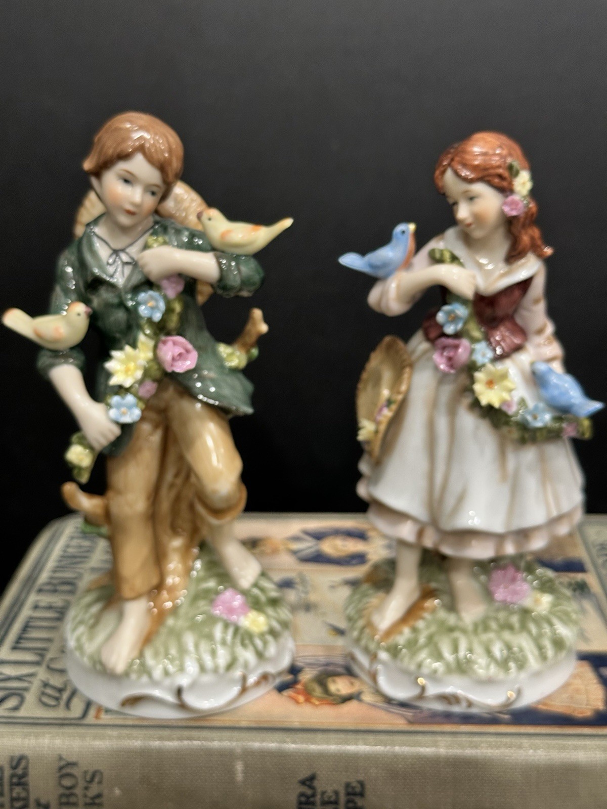 Vintage Sandizell Dresden Porcelain Figurines Pair Boy Girl Birds Flowers 5.5\