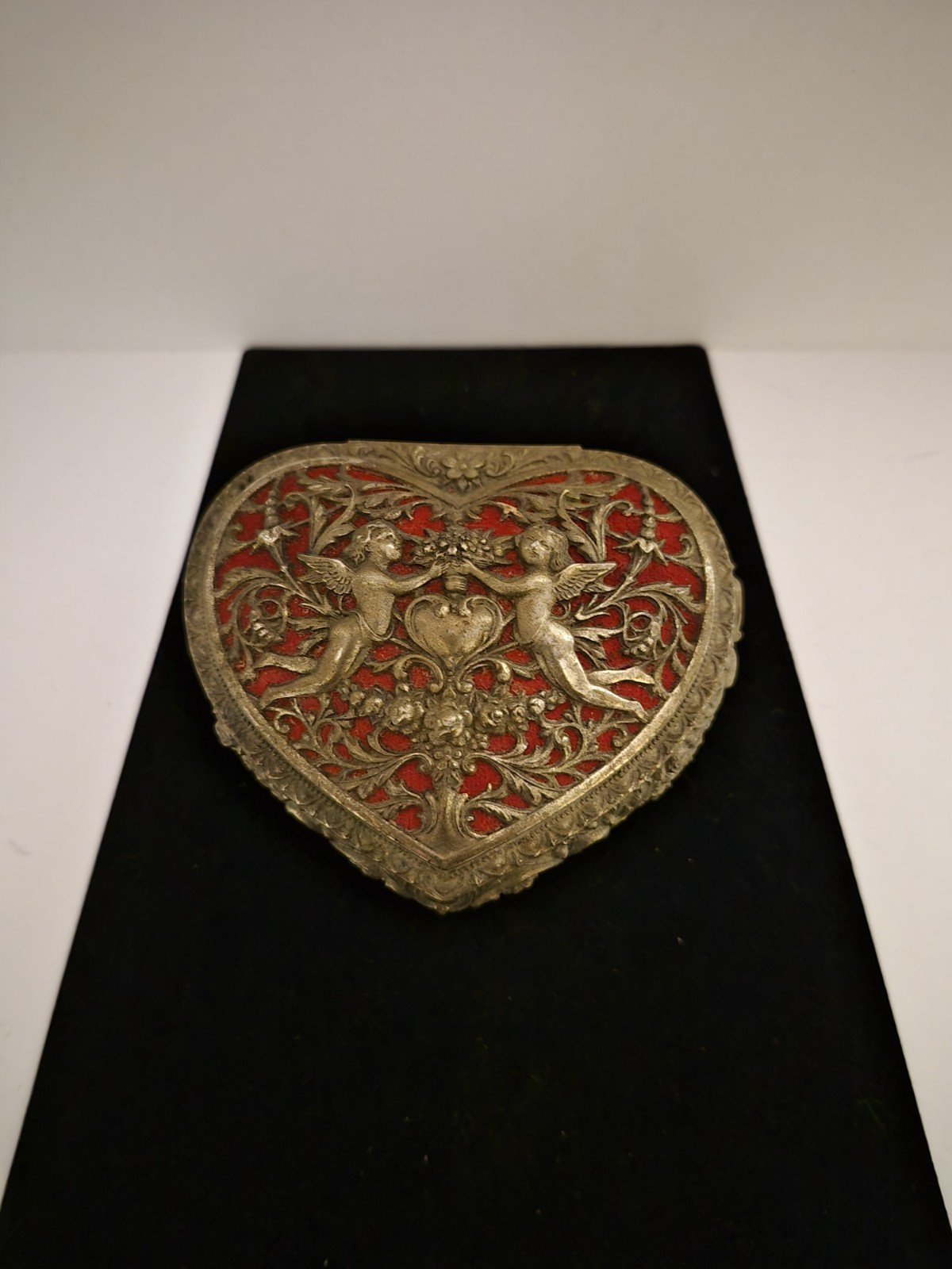 Vintage Footed Silver Trinket Box Red Velvet Lined heart shaped / Cherub &flower