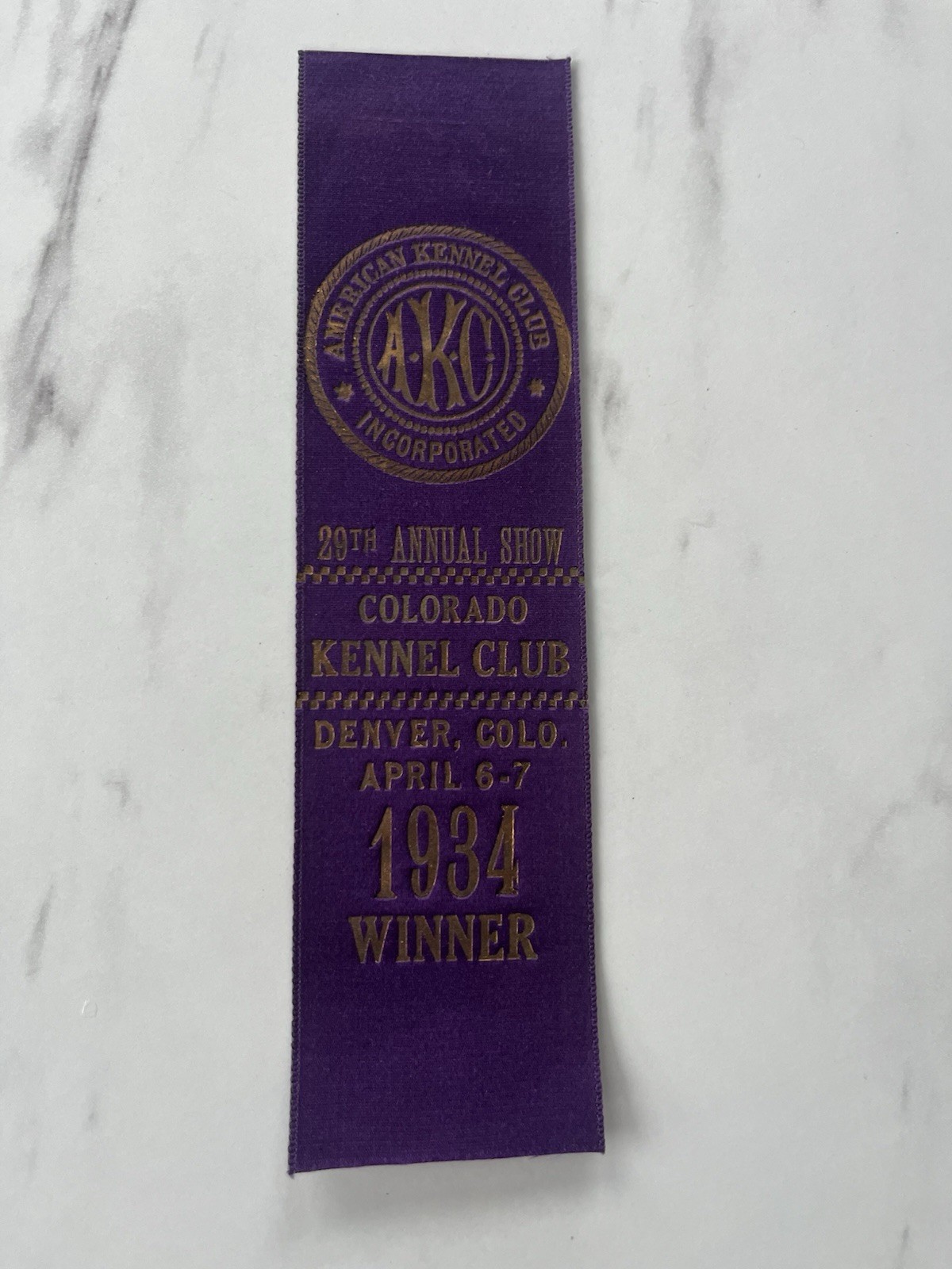 1934 American Kennel Club Winner Award Ribbon - Denver Colorado