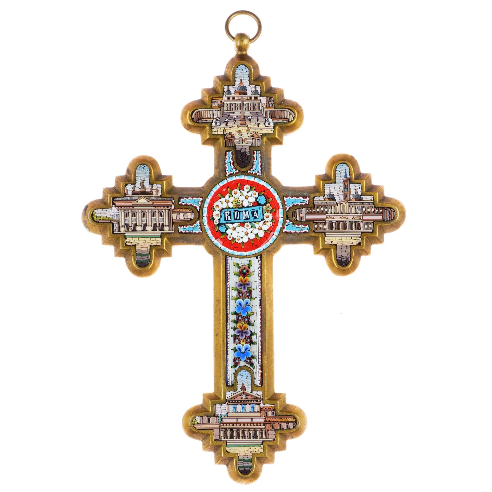 c1900 Antique Italian Grand Tour gilt Bronze Micromosaic cross