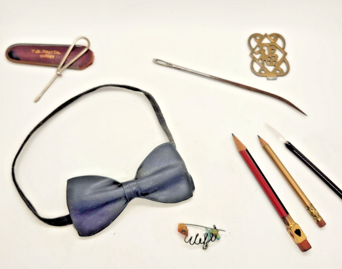 Vintage Junk Drawer Estate Lot Bow Tie Brass Trinkets Pencils Tools Curios Asian