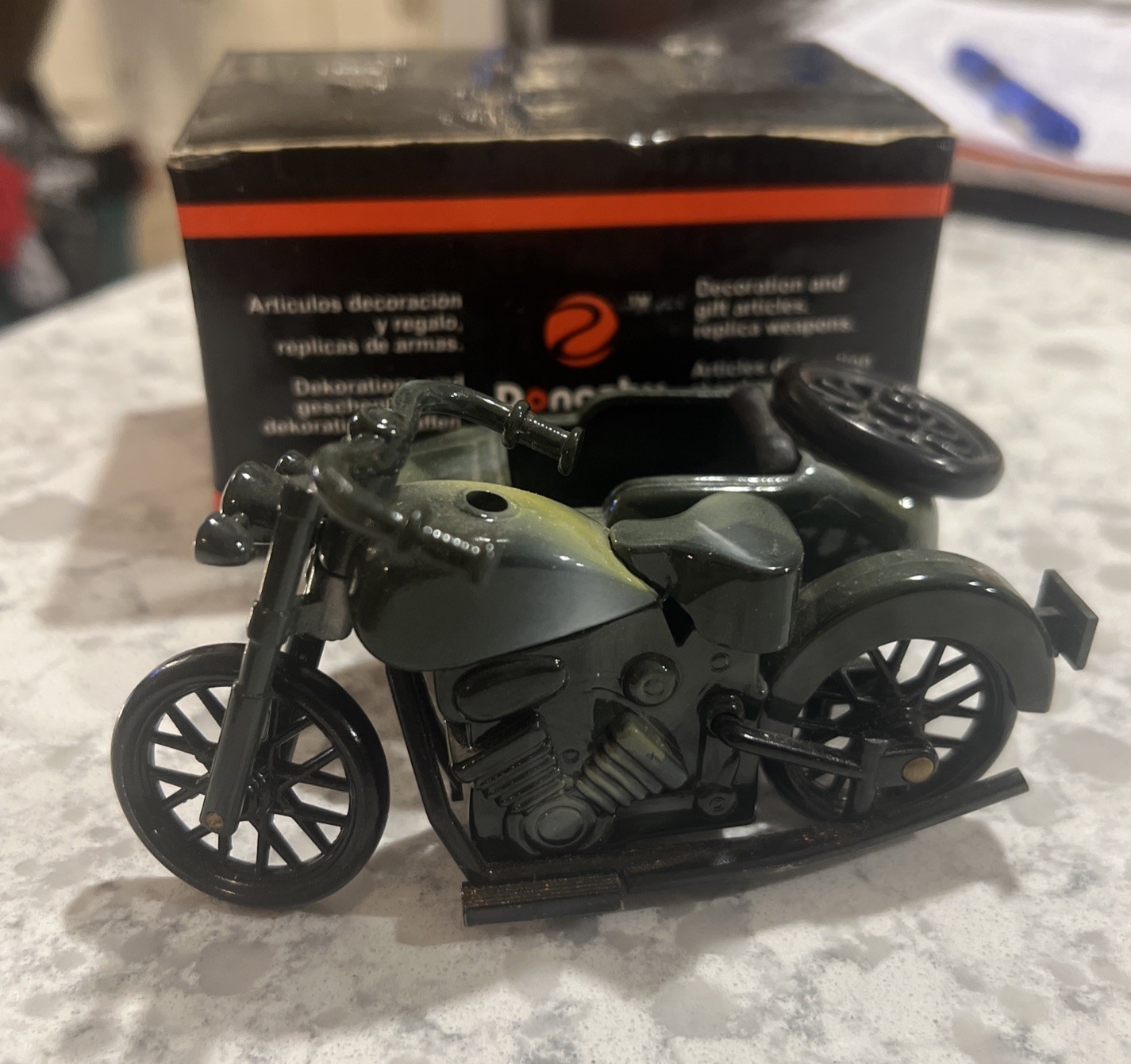 Vintage Dongzhu Lighter Olive Green Metal Military Motorcycle-w-Sidecar \