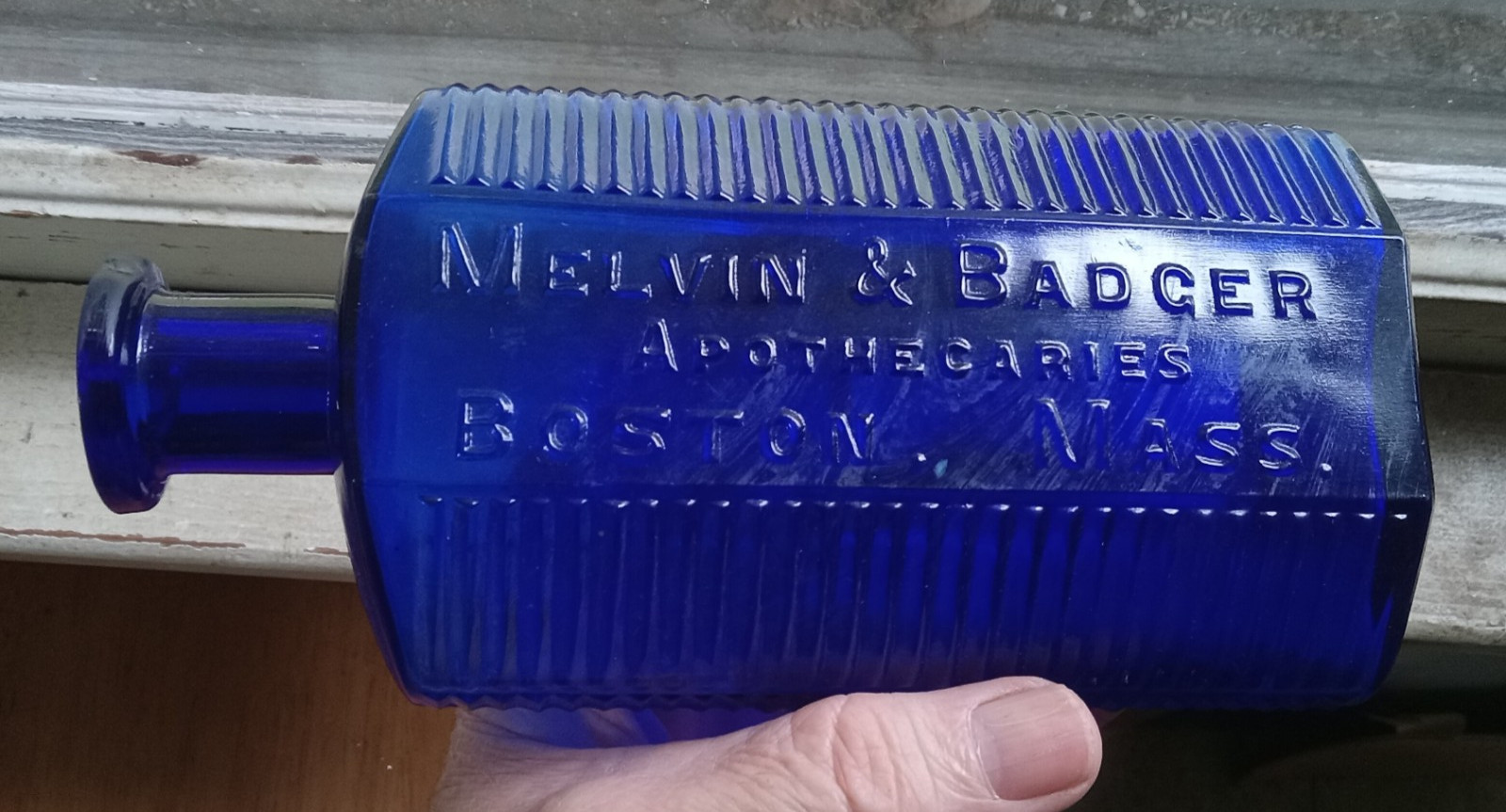 16 OZ COBALT MELVIN & BADGER BOSTON IRREGULAR HEXAGON POISON BOTTLE 7 3/8