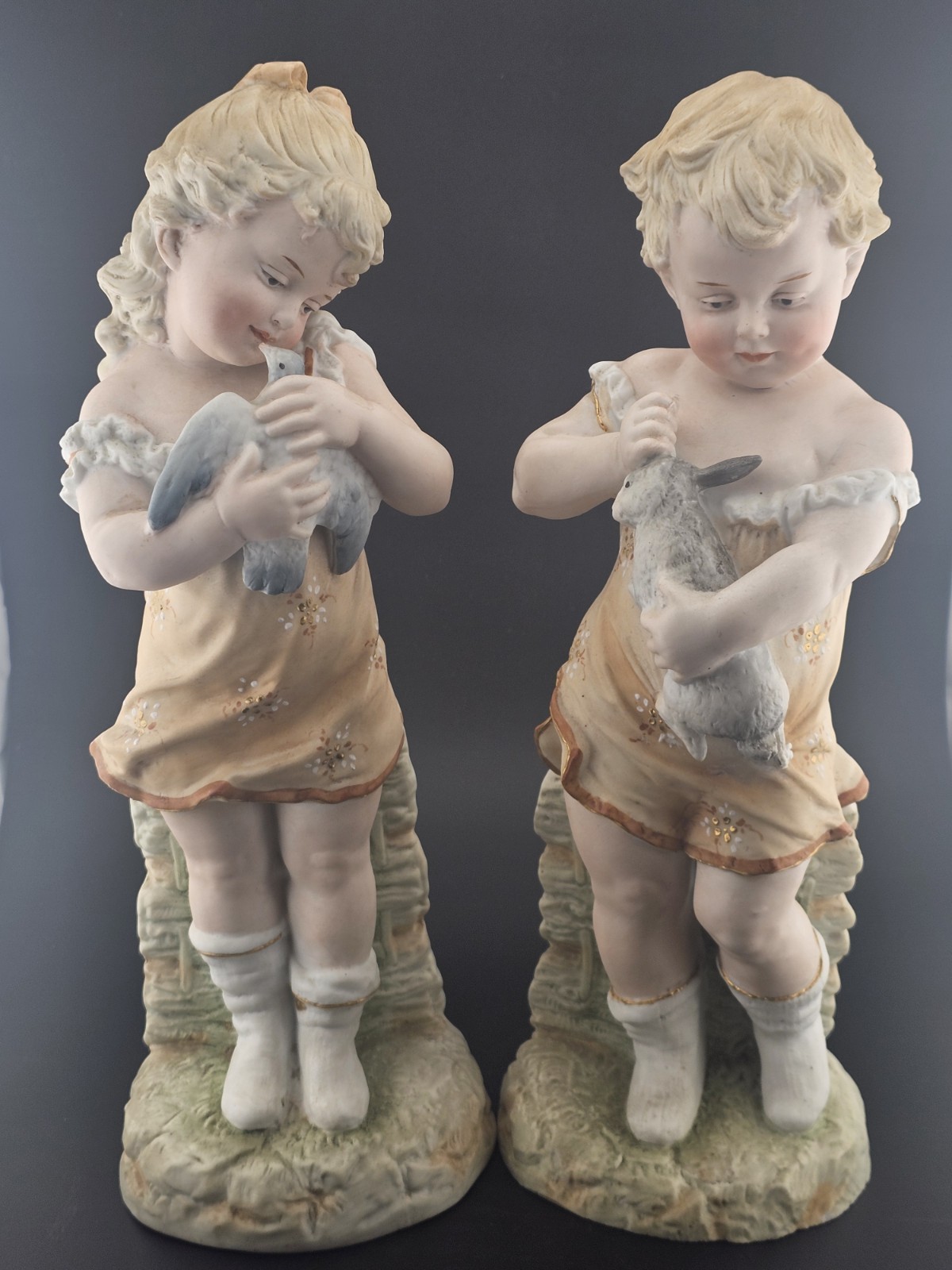 Vintage Bisque Porcelain Boy Girl Figurines w Bunny Dove Pair