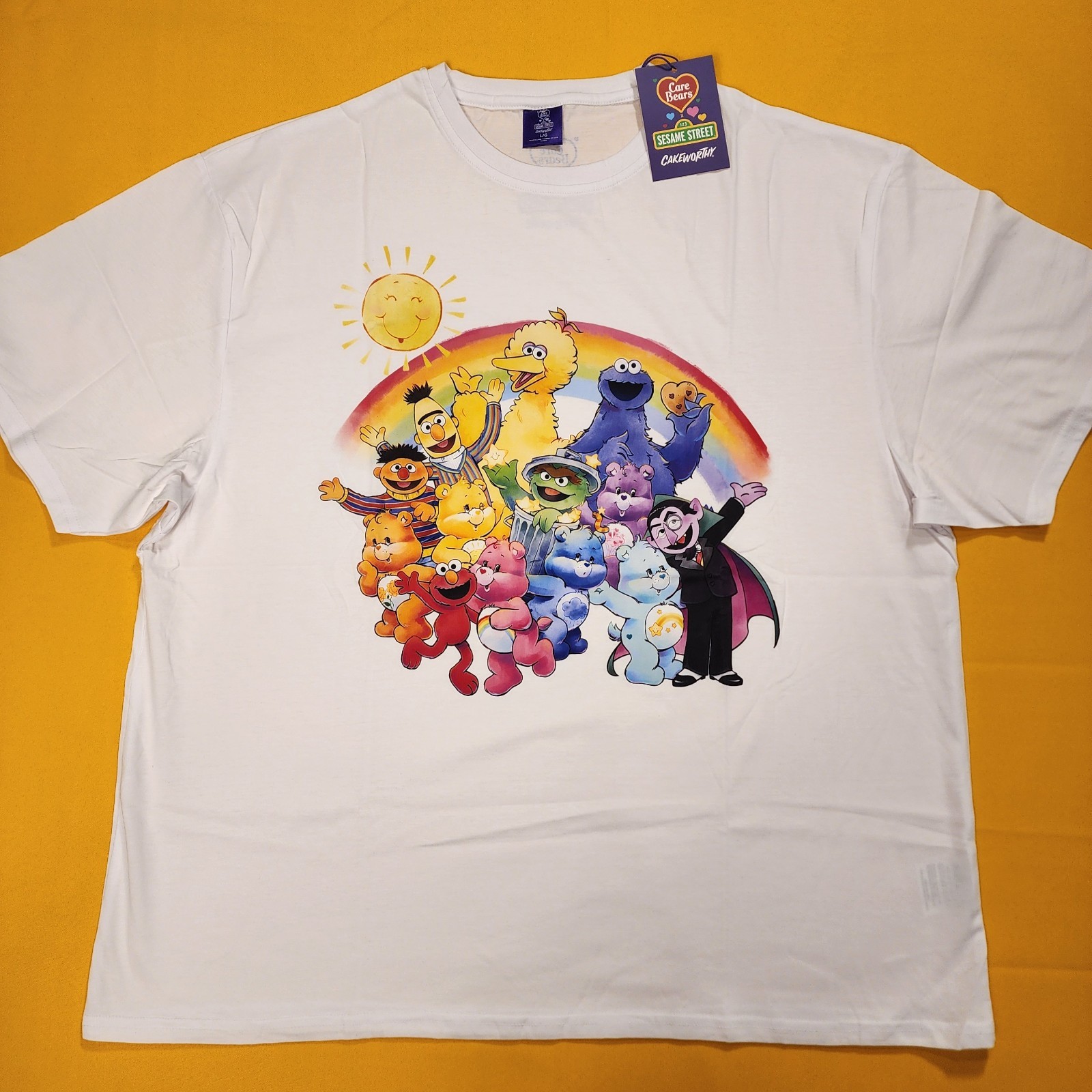 Cakeworthy Care Bears x Sesame Street Drop Sleeve Tee Shirt Unisex Large NEW